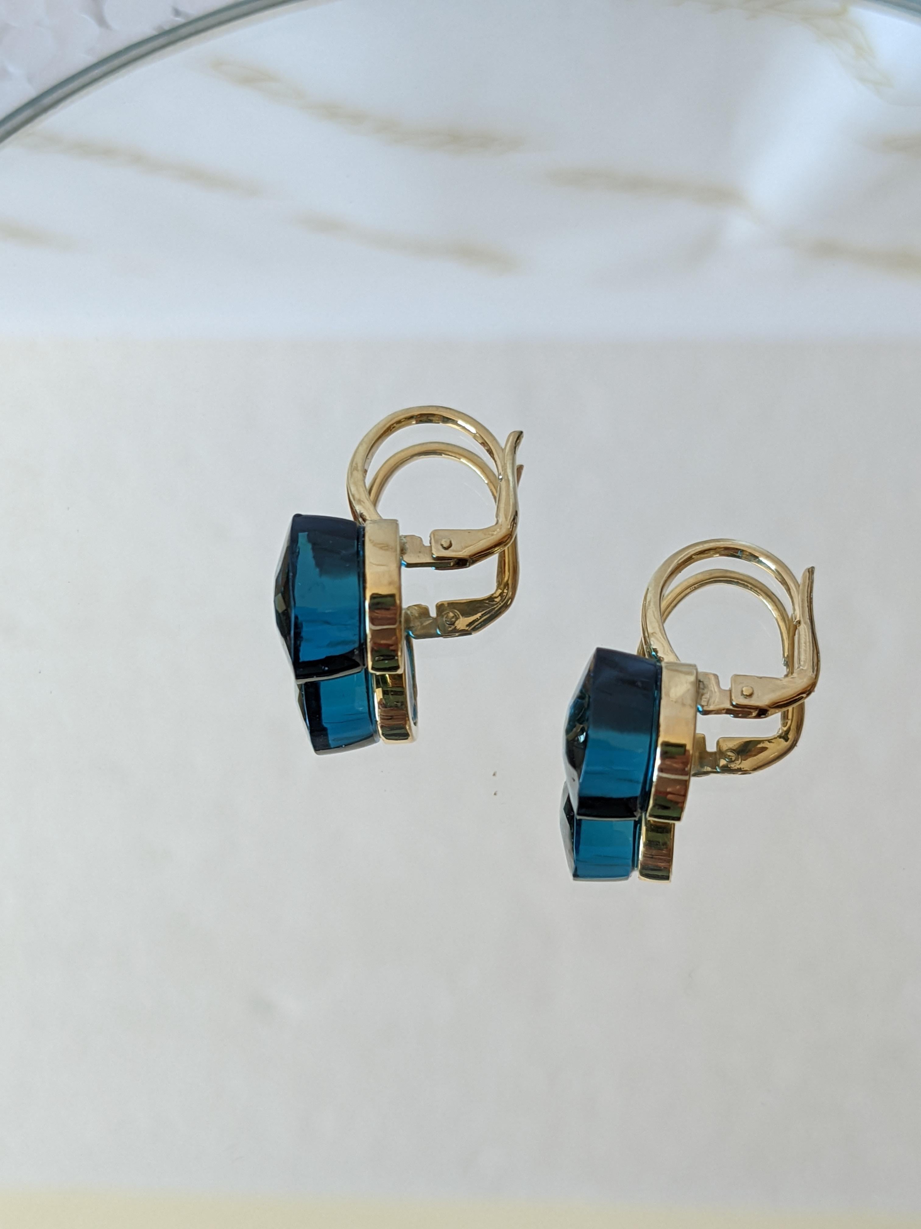 Rose Cut Blue Lago Topaz Multifaceted 18k Gold Dangle Earrings with Pavé of Diamonds For Sale