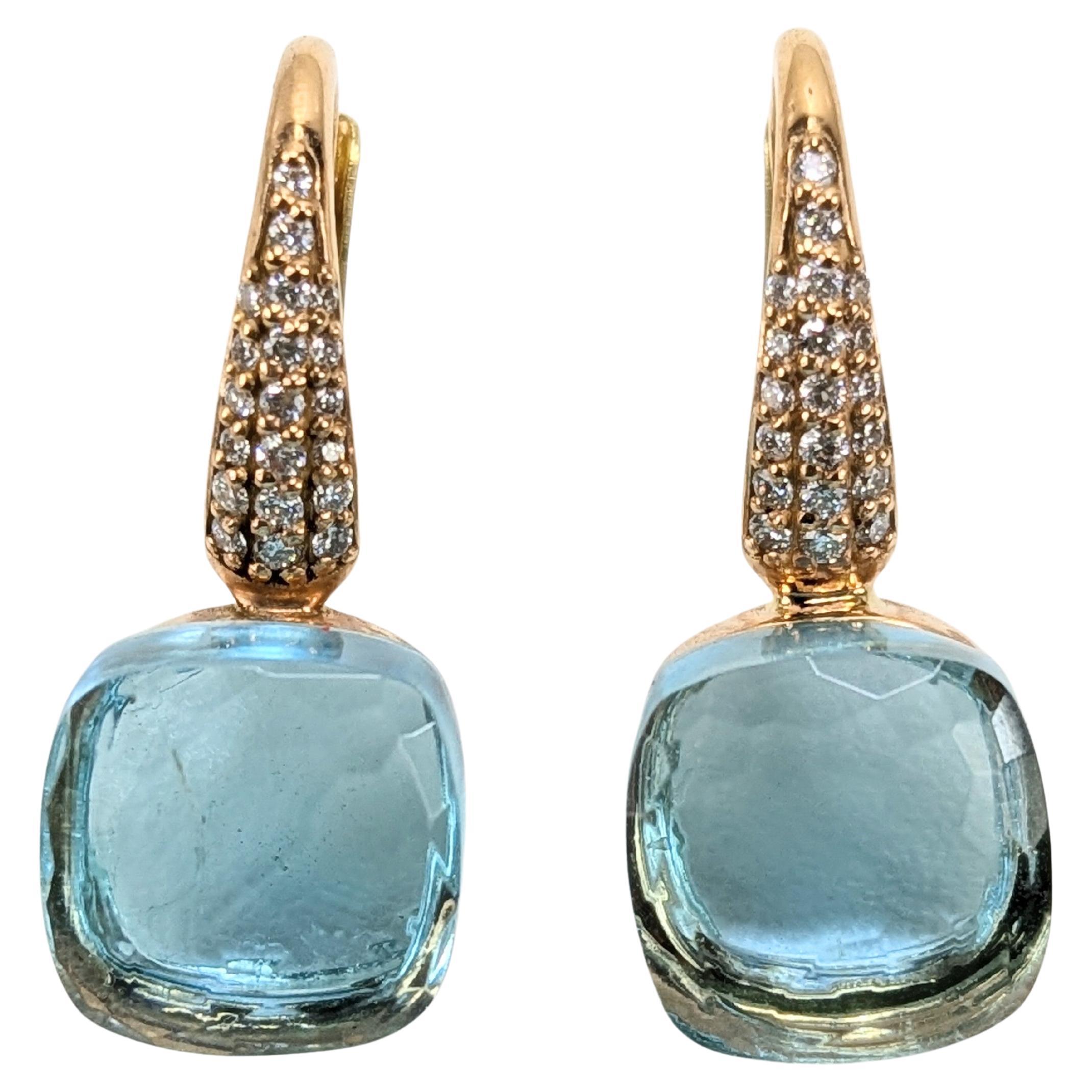 Blue Lago Topaz Multifaceted 18k Gold Dangle Earrings with Pavé of Diamonds