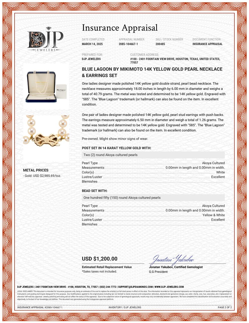 Blue Lagoon by Mikimoto 14K Yellow Gold Pearl Necklace & Earrings Set 9