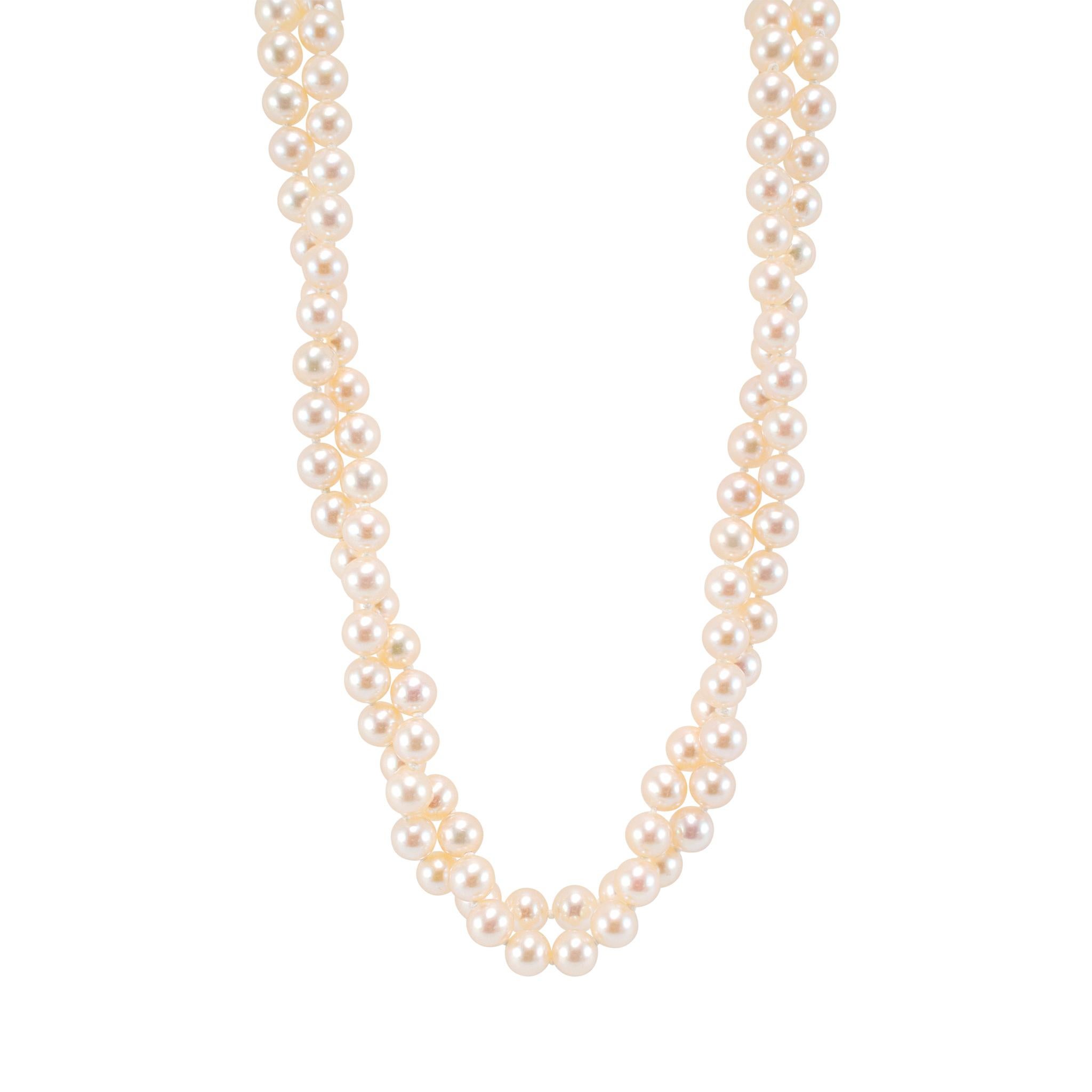 Brand: Mikimoto

Gender: Ladies

Metal Type: 14K Yellow Gold

Necklace Length: 18.00 inches

Necklace Diameter: 6.00 mm

Earring Diameter: 6.50 mm

Total Weight: 42.05 grams

One ladies 14K yellow gold double strand pearl bead necklace and a pair of