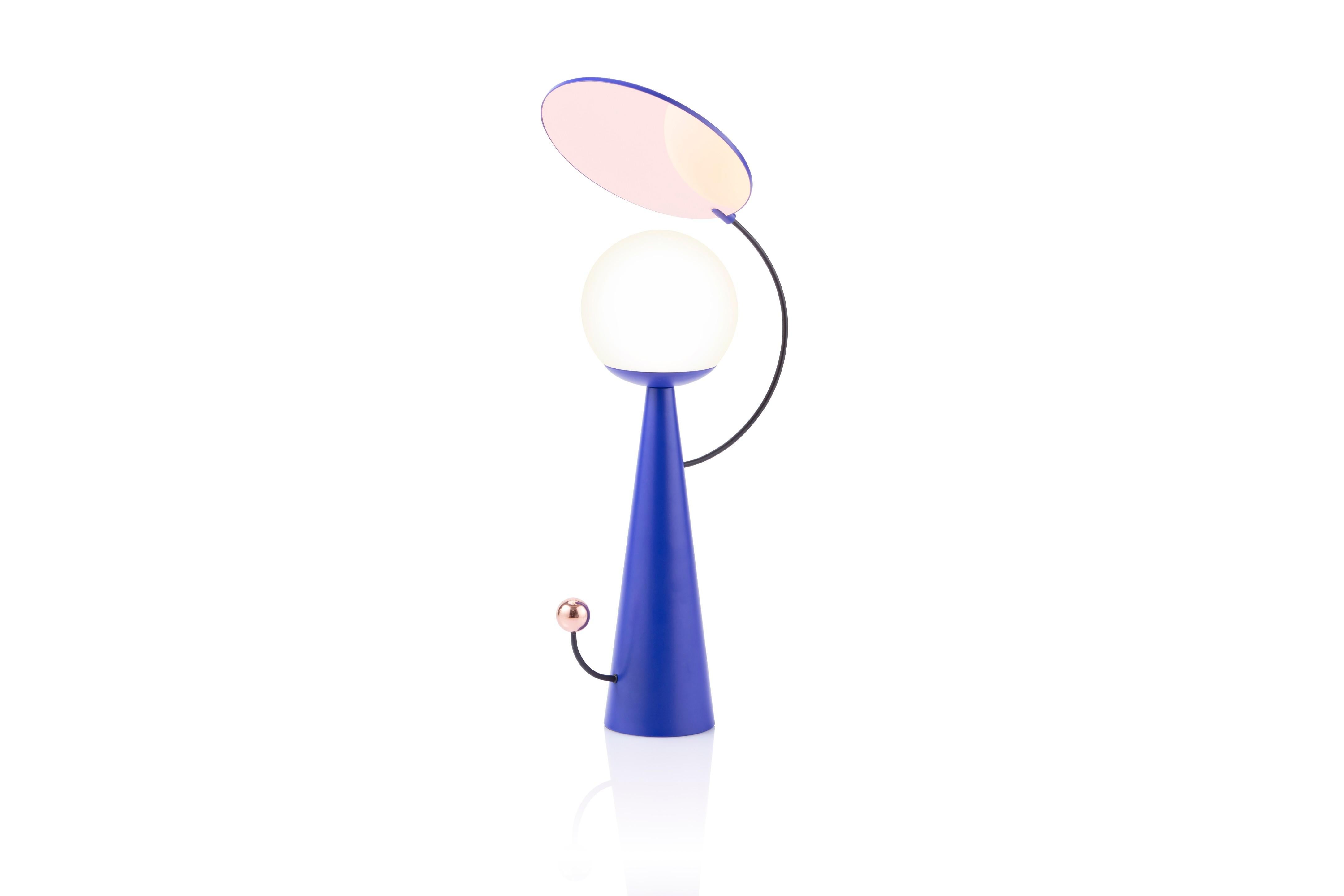 Blue lamp by Thomas Dariel, Maison Dada
Measures: Diameter 16 x height 65 cm
Base – Blue powder coated metal with matte finish
Rotating top – Blue powder coated metal / plated metal with glossy Copper finish
Touch switch in plated metal coated