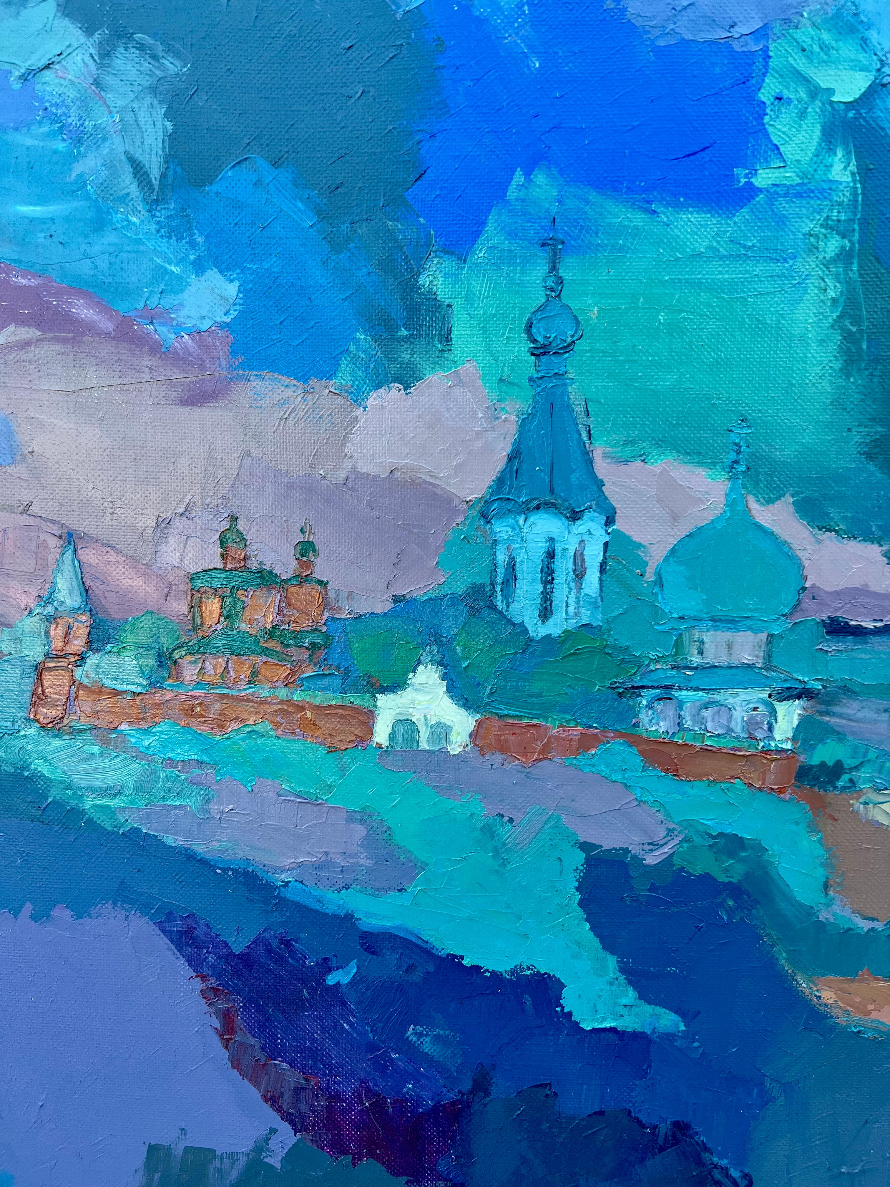 « Paysage bleu avec ville » de Boris Chetkov Bon état - En vente à Wiscasset, ME