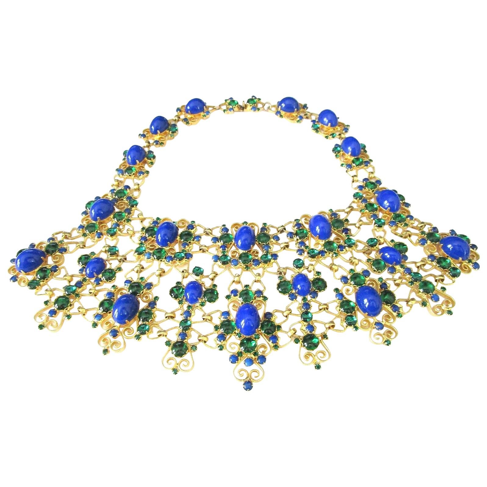 Blue Lapis and Green Rhinestone Heart Necklace Kenneth Jay Lane KJL Estate Find