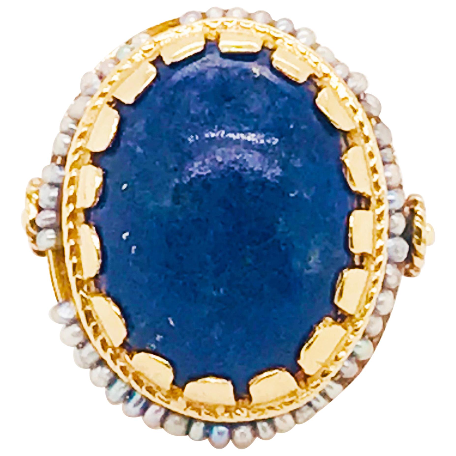 Blue Lapis and Seed Pearl Halo Estate Ring 14 Karat Yellow Gold, circa 1960