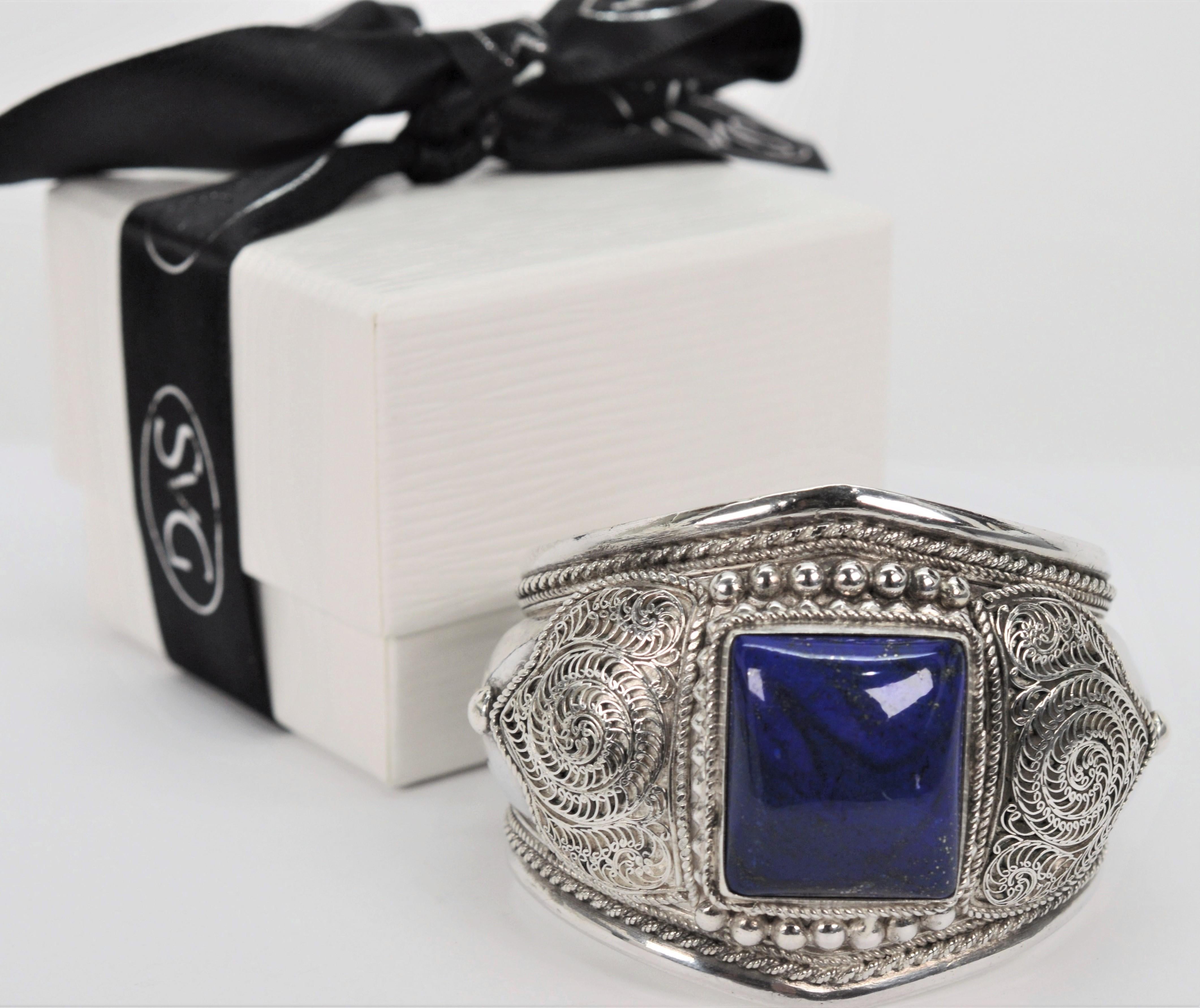 Blue Lapis Artisan Silver Wide Cuff Statement Bracelet For Sale 5