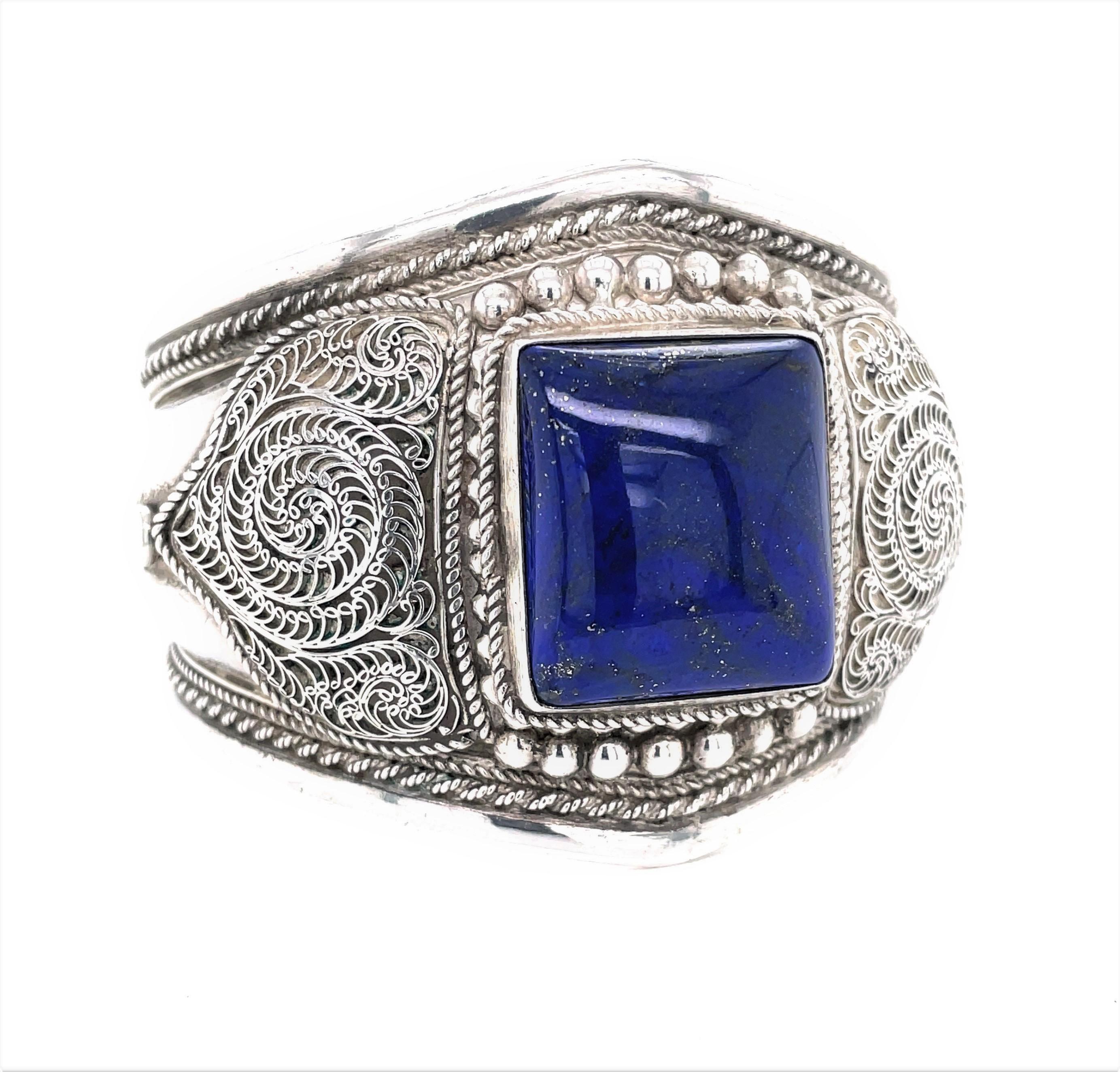 Blue Lapis Artisan Silver Wide Cuff Statement Bracelet In Excellent Condition For Sale In Mount Kisco, NY
