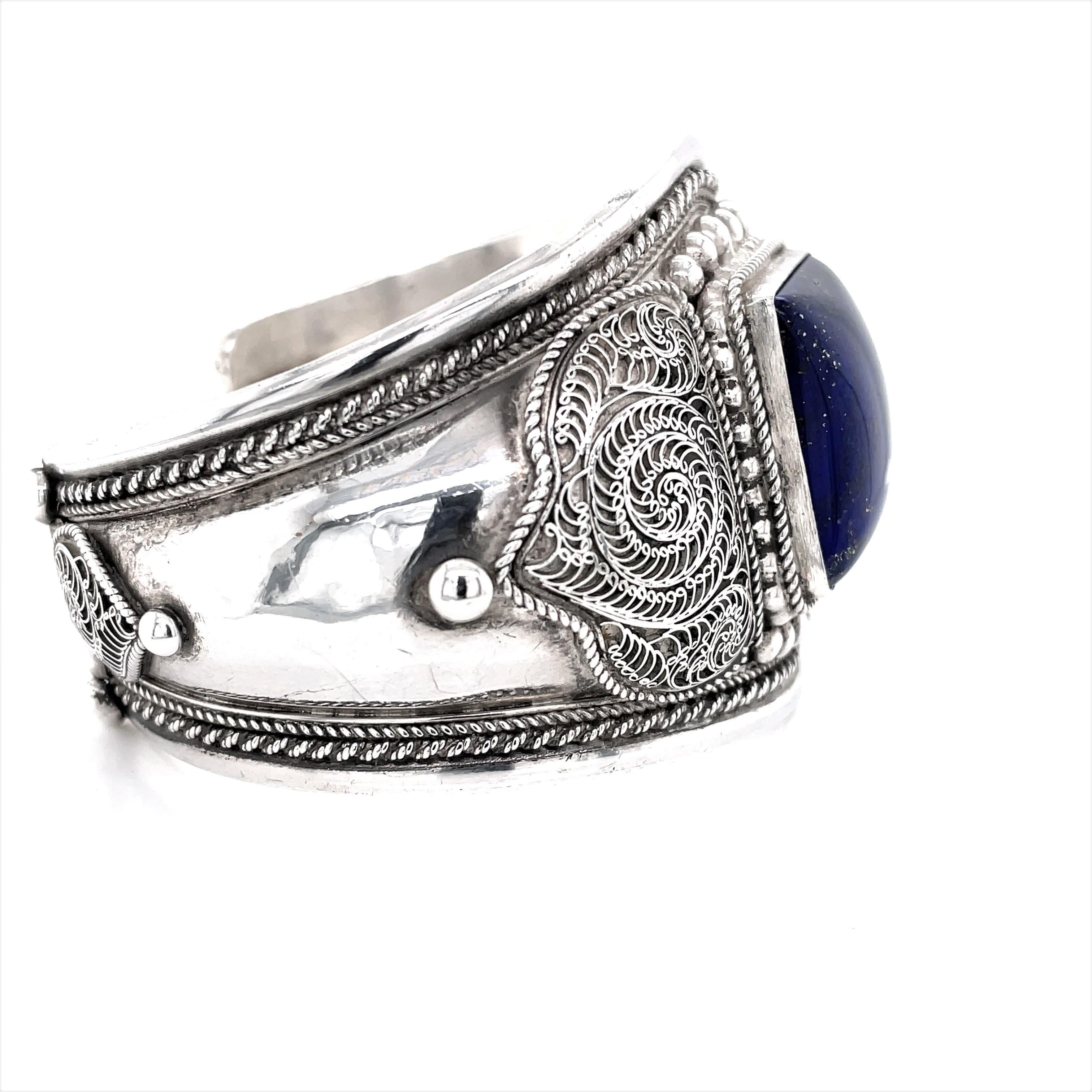 Women's Blue Lapis Artisan Silver Wide Cuff Statement Bracelet For Sale