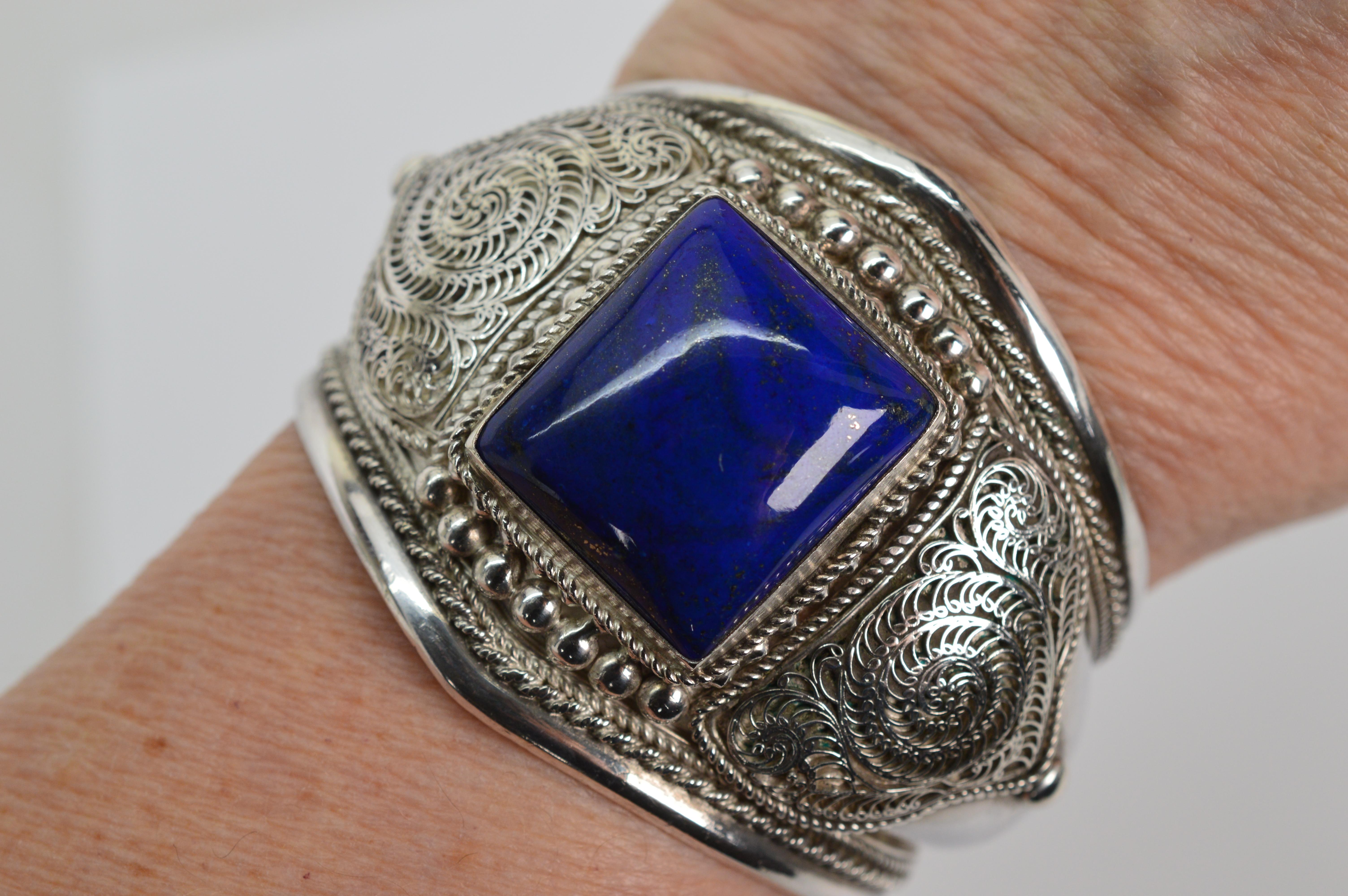 Blue Lapis Artisan Silver Wide Cuff Statement Bracelet For Sale 2