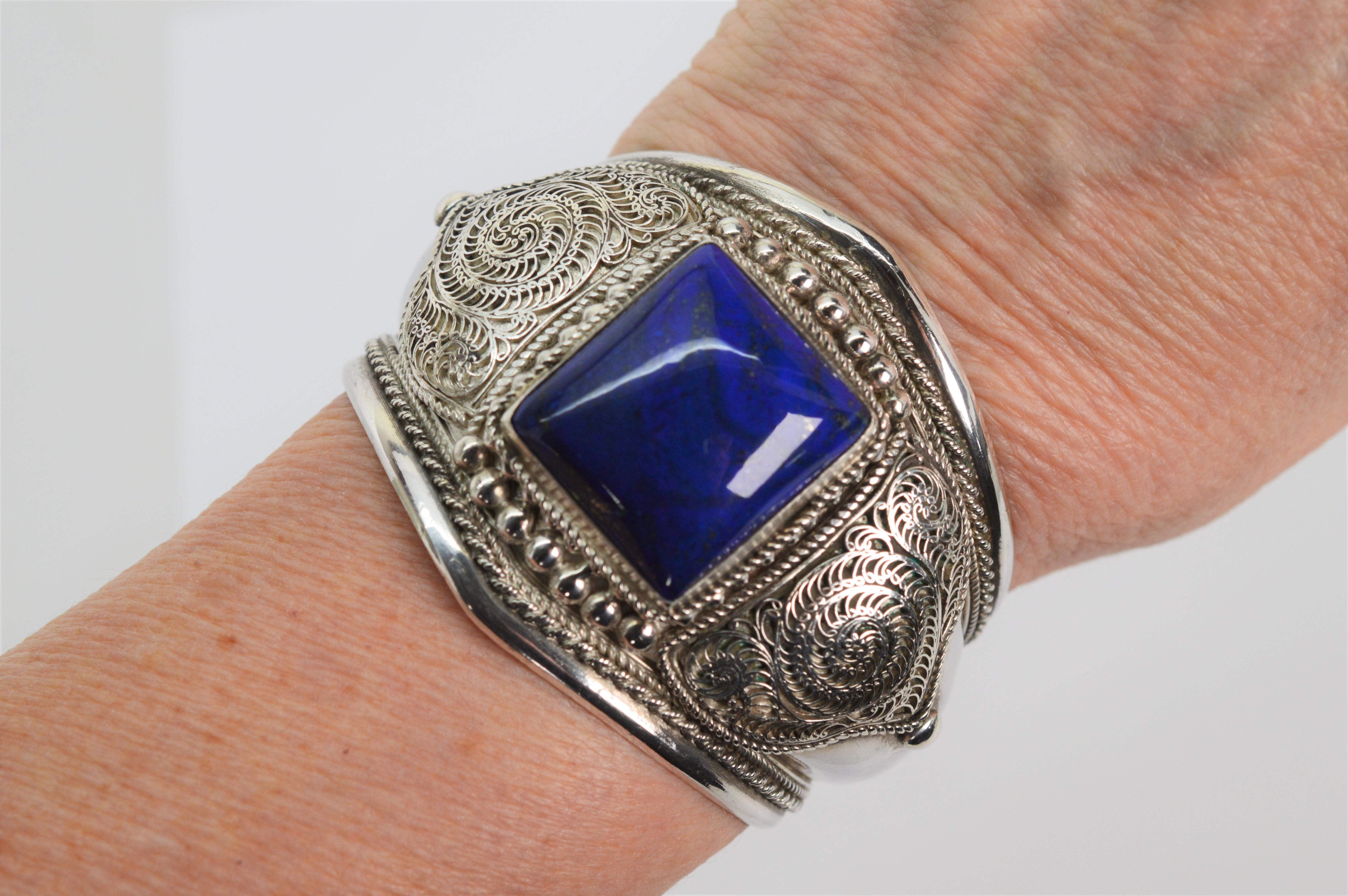 Blue Lapis Artisan Silver Wide Cuff Statement Bracelet For Sale 3