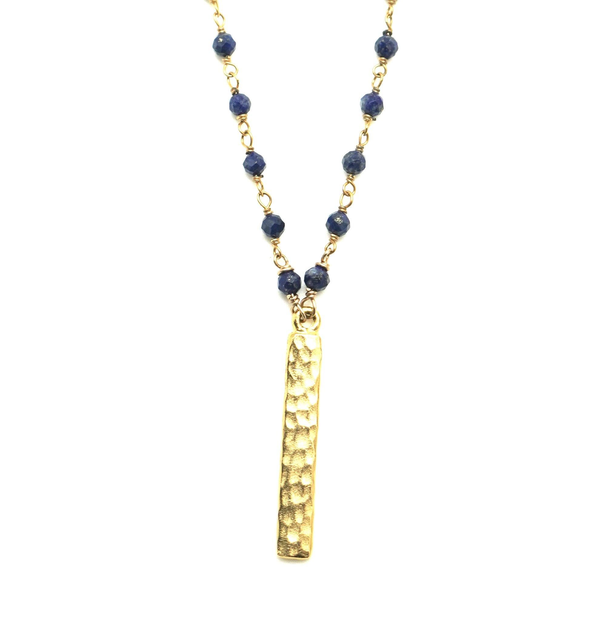 Story Behind the Jewelry
Azure celestial lapis gemstone necklace is accented with a 14K gold textured rectangle pendant.  Azure is a bright blue, cloudless skies.  The necklace represents the deep blue summer skies. 
Designed and handmade in Newport