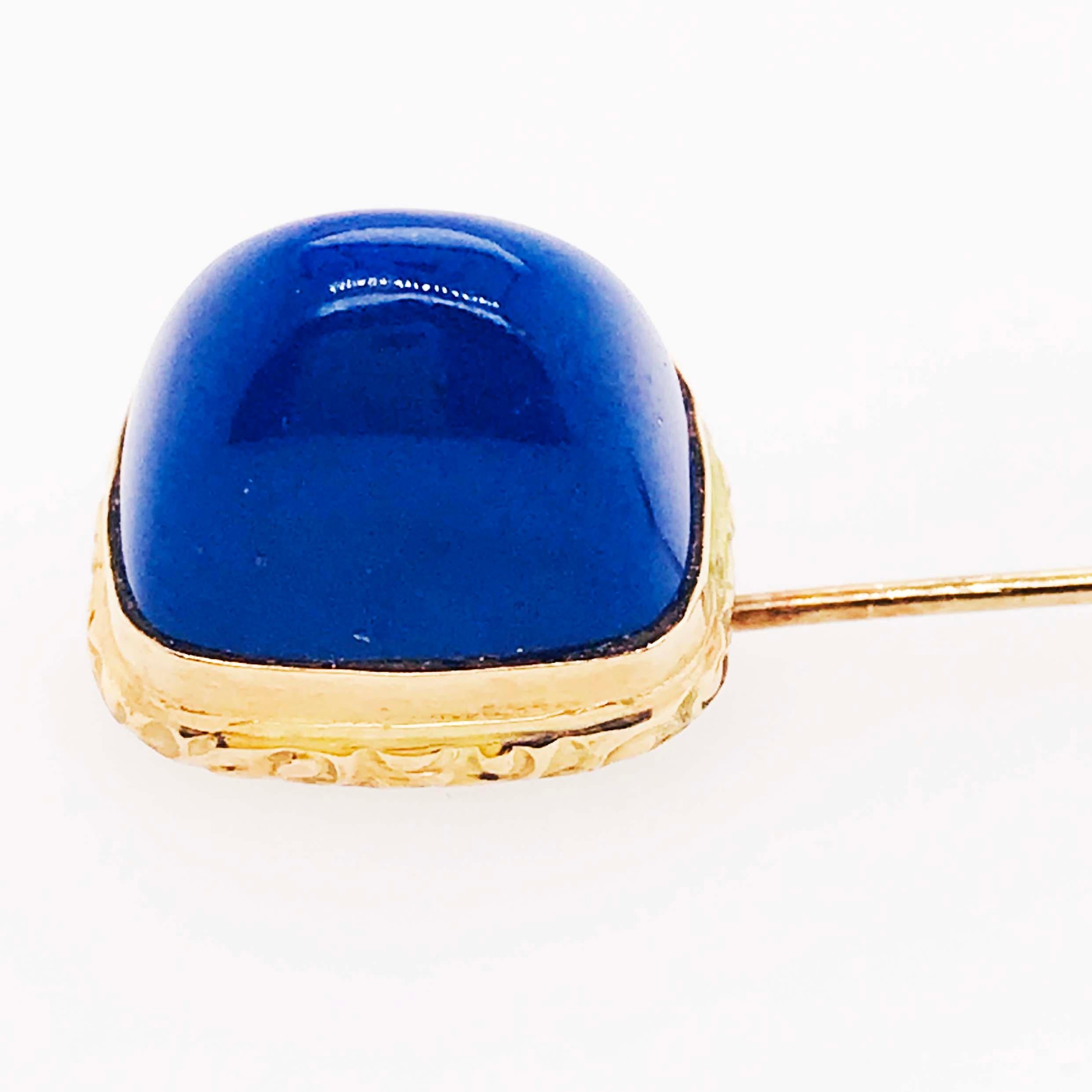 Blue Lapis Brooch, Gemstone Cabochon Handmade Brooch/Pin in 18 Karat Yellow Gold 4