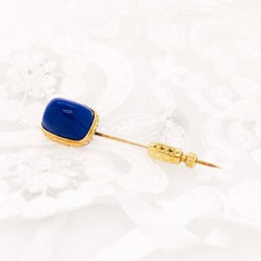 Blue Lapis Brooch, Gemstone Cabochon Handmade Brooch/Pin in 18 Karat Yellow Gold