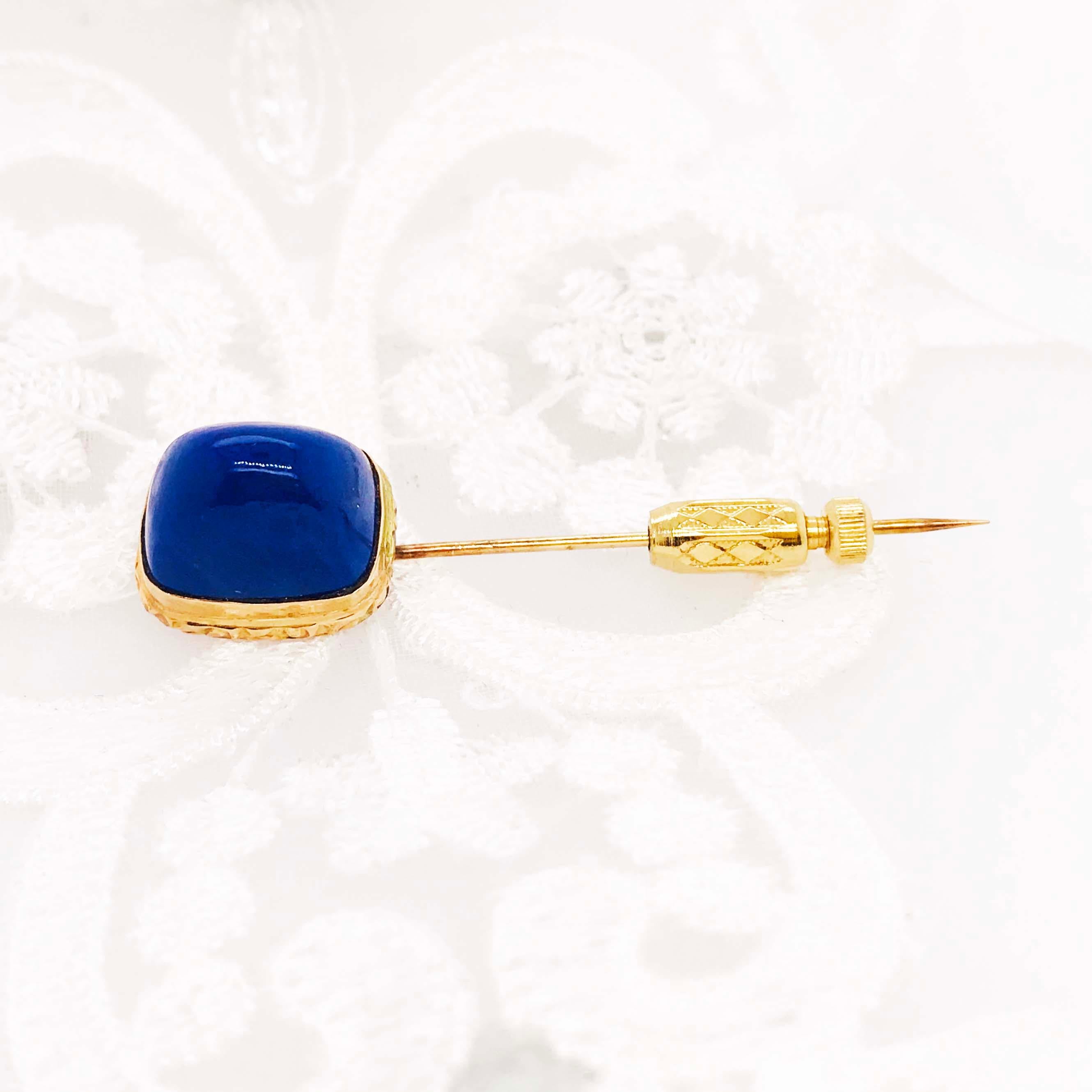 Artisan Blue Lapis Brooch, Gemstone Cabochon Handmade Brooch/Pin in 18 Karat Yellow Gold