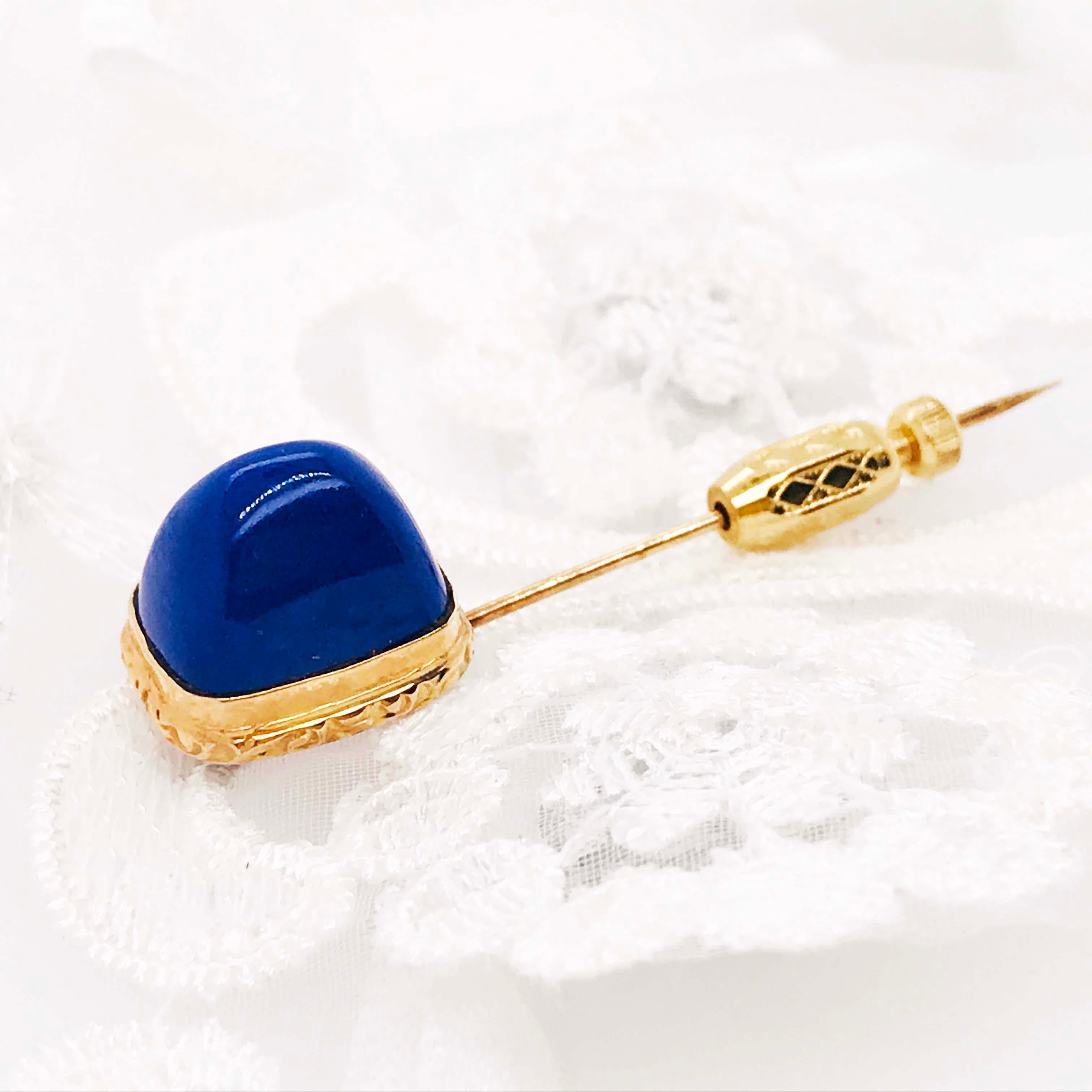 Women's Blue Lapis Brooch, Gemstone Cabochon Handmade Brooch/Pin in 18 Karat Yellow Gold