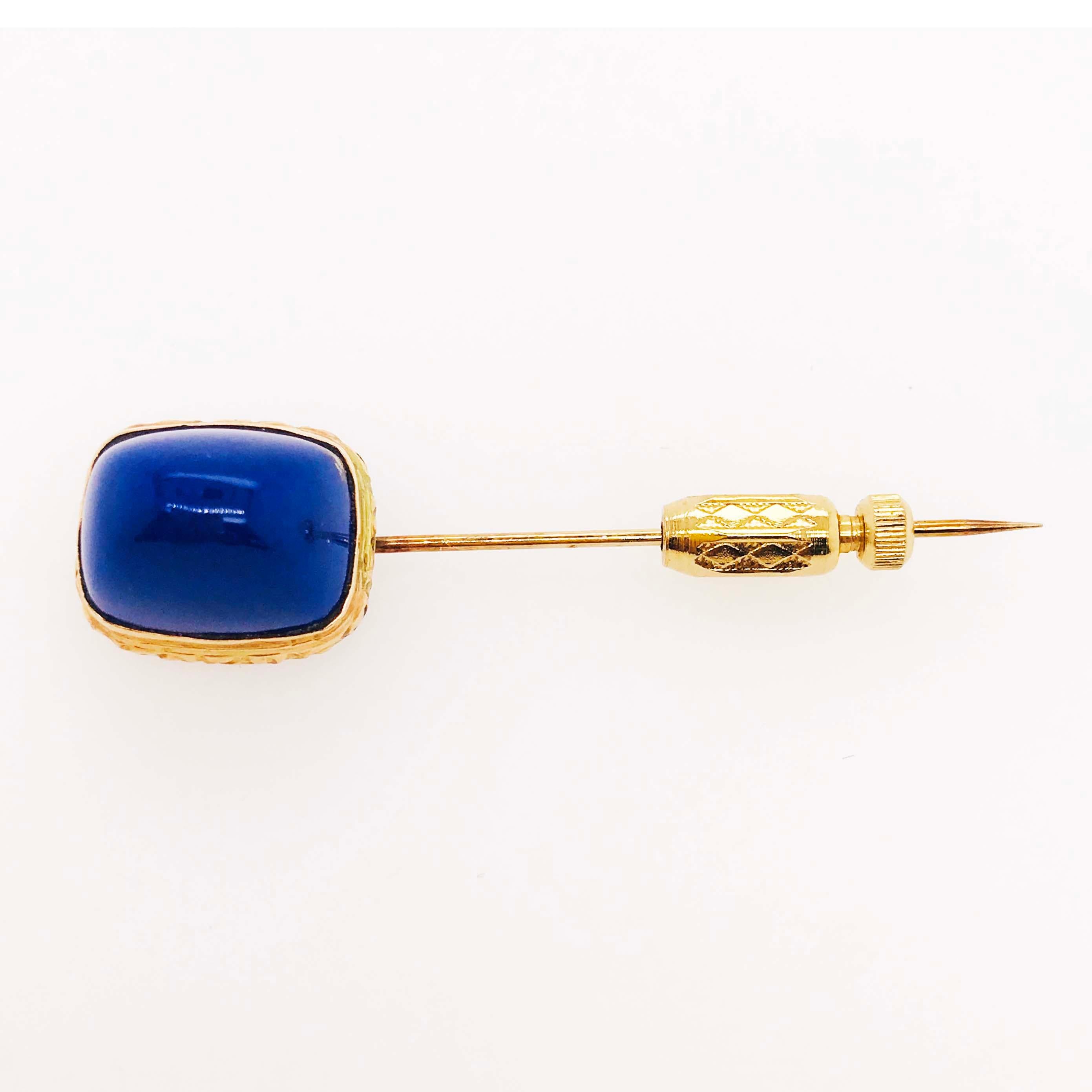 Blue Lapis Brooch, Gemstone Cabochon Handmade Brooch/Pin in 18 Karat Yellow Gold 1