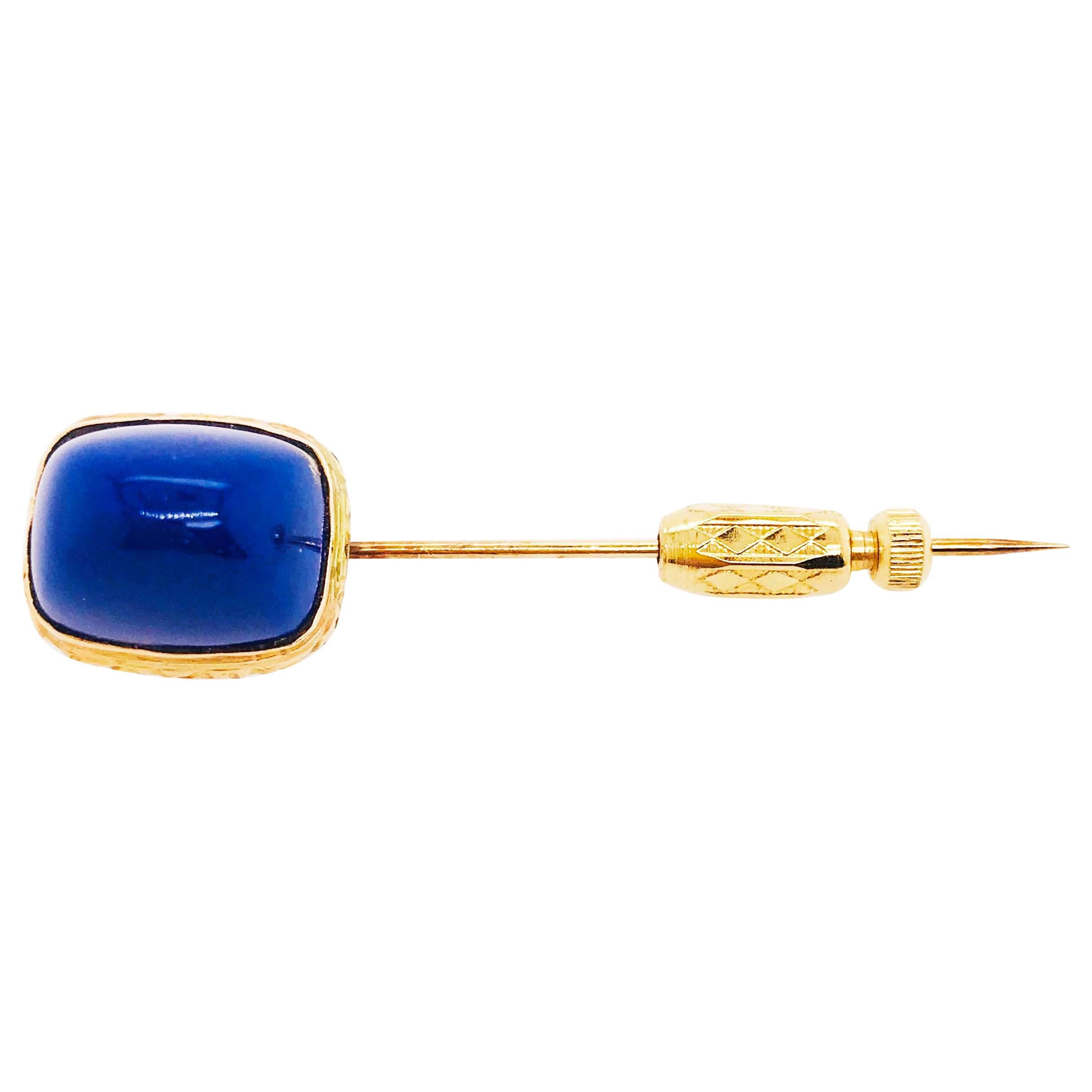 Blue Lapis Brooch, Gemstone Cabochon Handmade Brooch/Pin in 18 Karat Yellow Gold