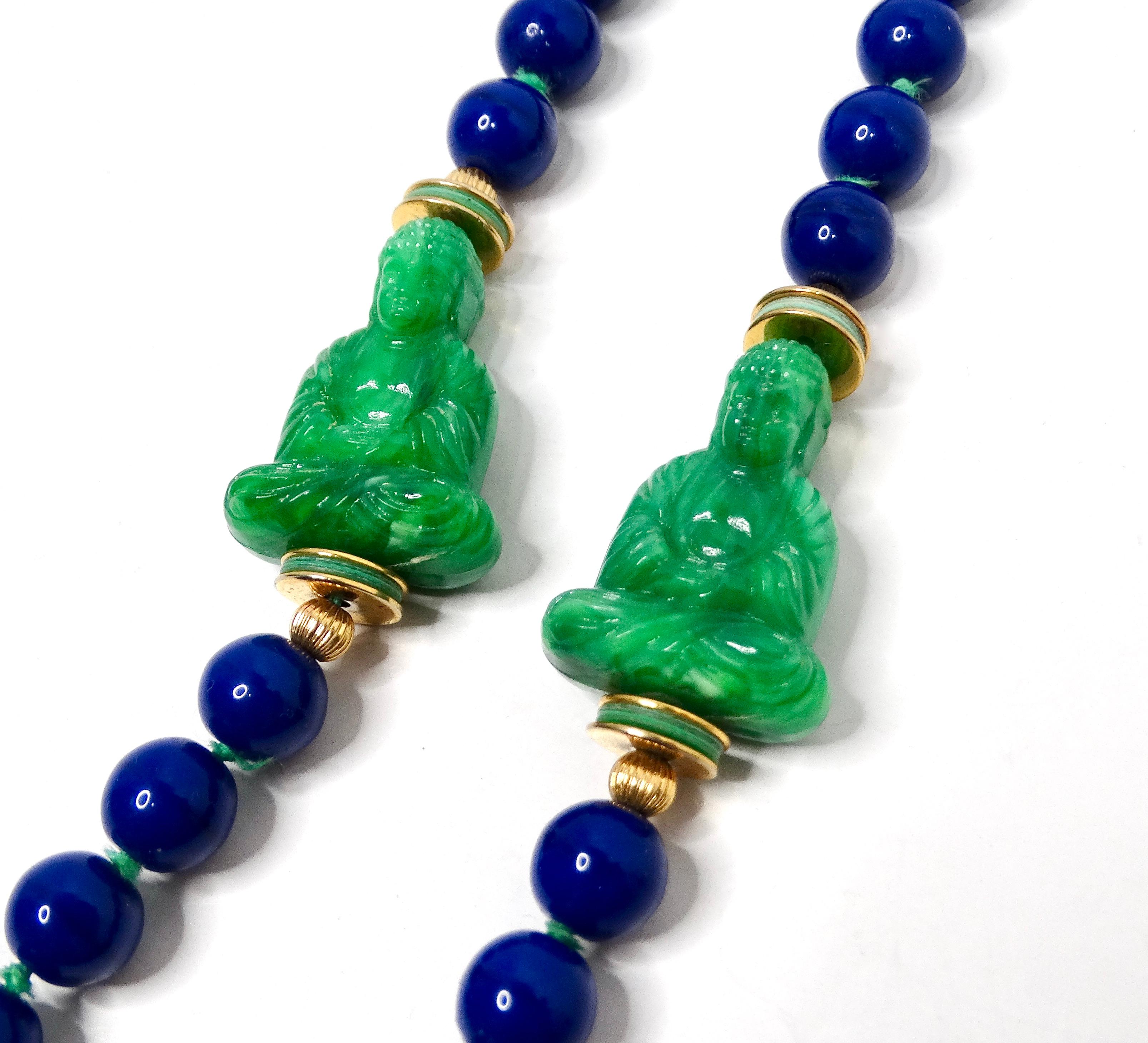 Blue Lapis & Jade Style Beaded Buddha Necklace In Good Condition For Sale In Scottsdale, AZ
