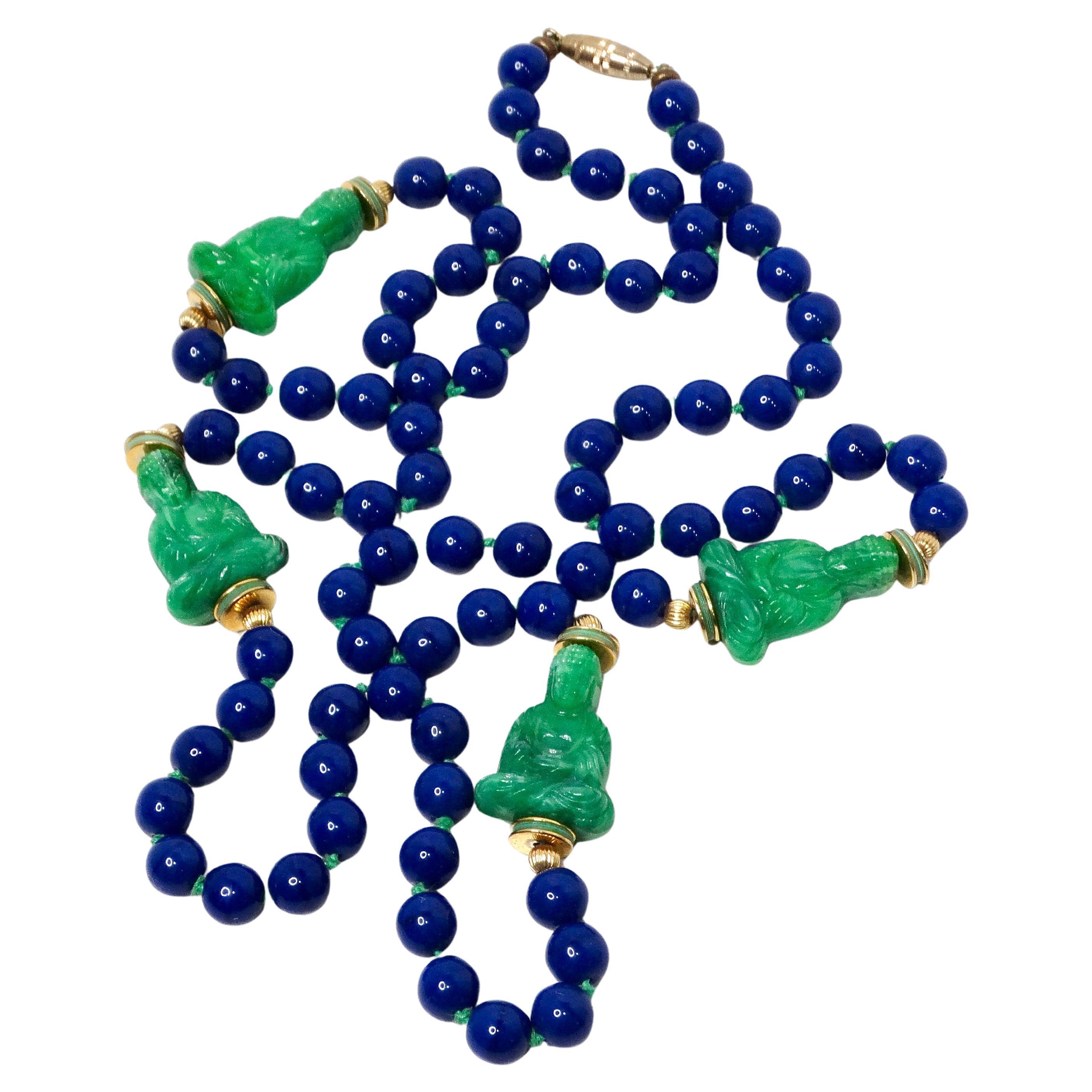 Blue Lapis & Jade Style Beaded Buddha Necklace
