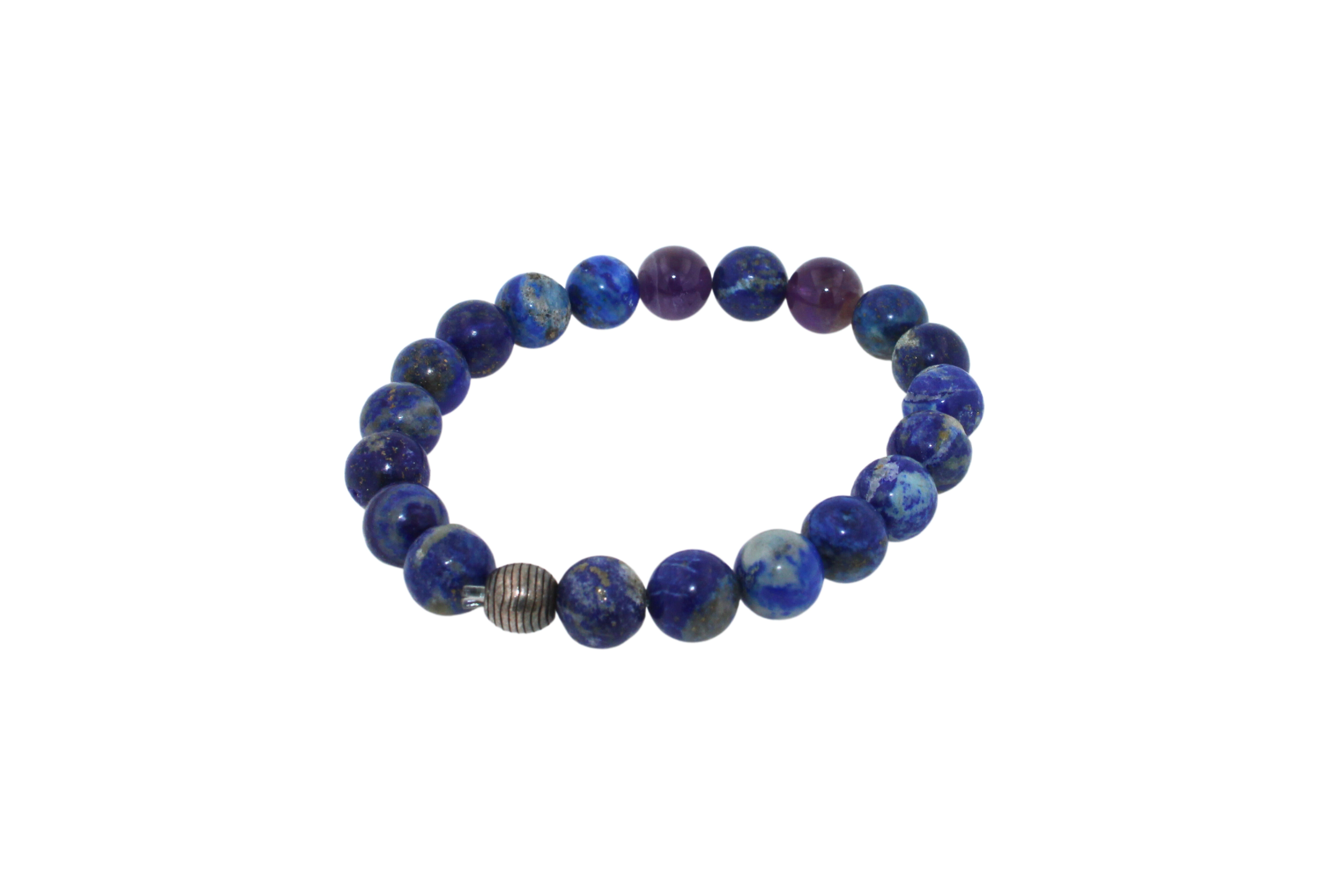 Bracelet extensible et unique en perles de lapis-lazuli et améthystes rondes Chakra