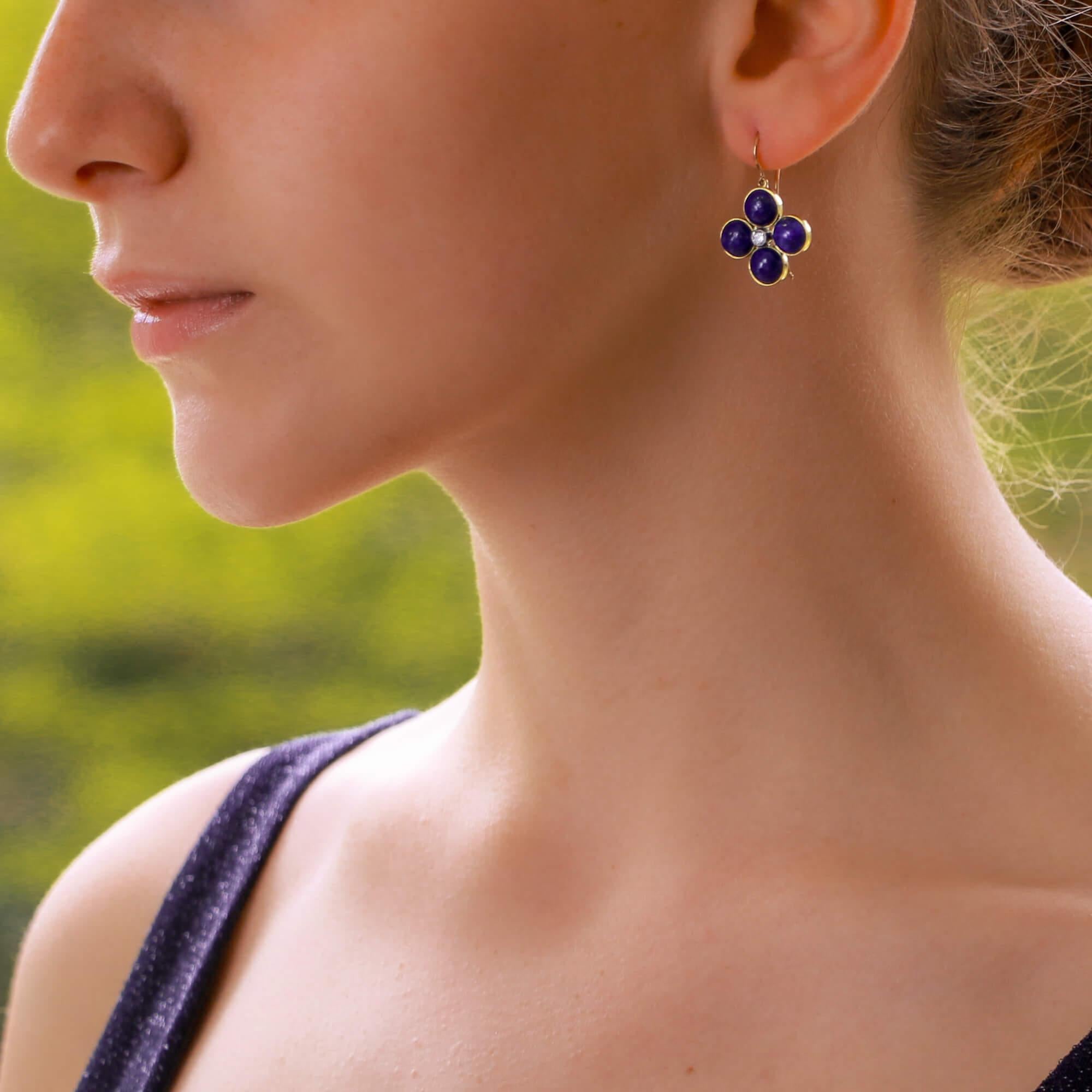 Retro Blue Lapis Lazuli and Diamond Clover Dangle Drop Earrings Set in 18k Yellow Gold