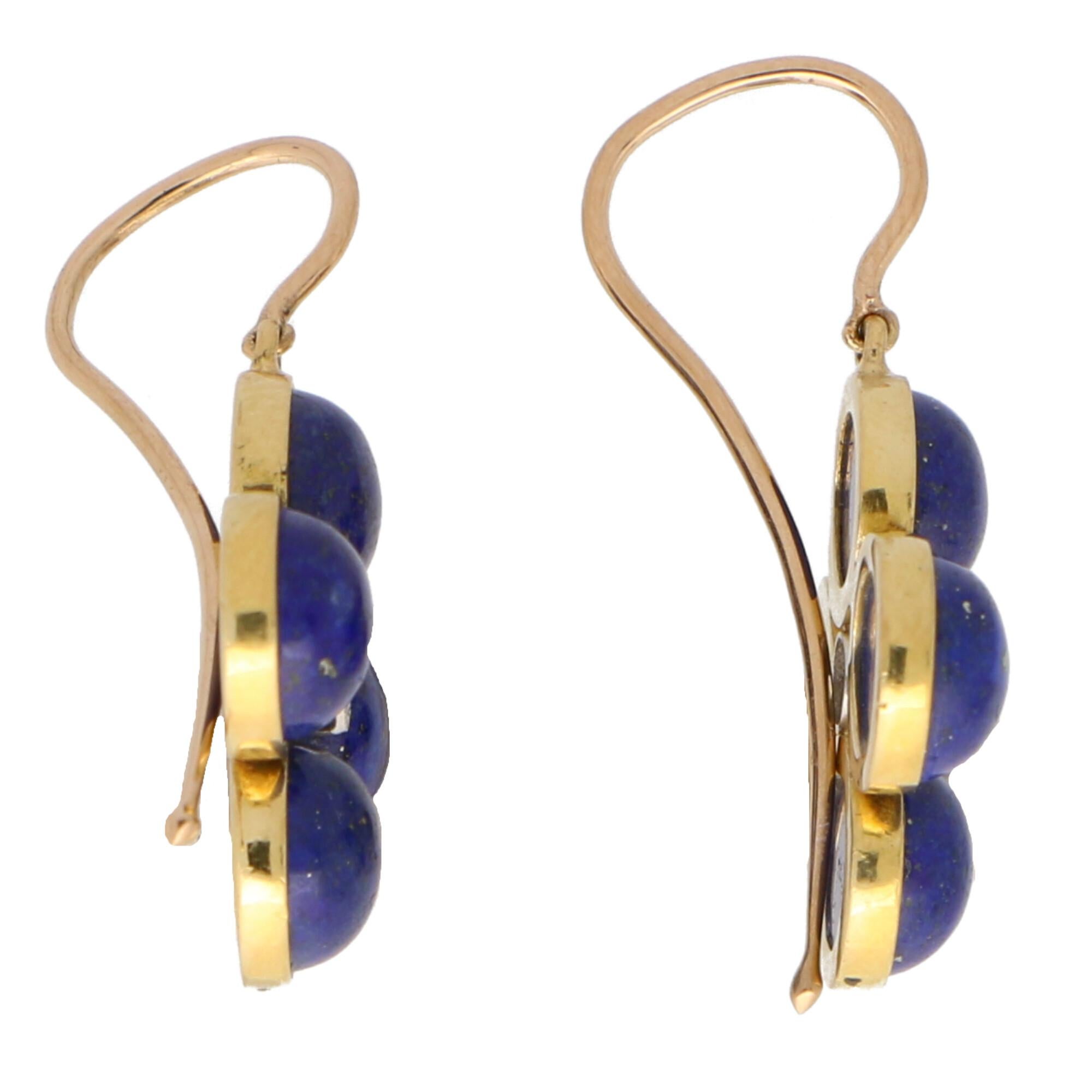 Cabochon Blue Lapis Lazuli and Diamond Clover Dangle Drop Earrings Set in 18k Yellow Gold