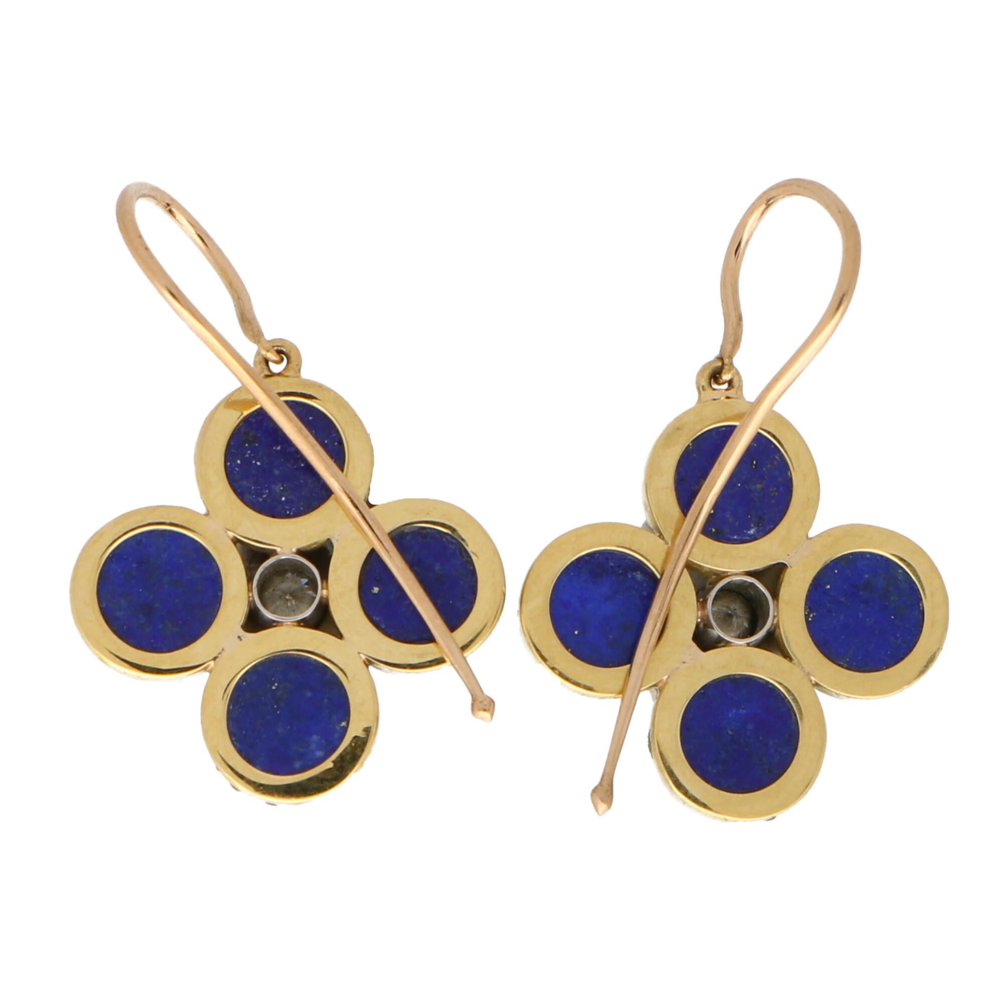 Blue Lapis Lazuli and Diamond Clover Dangle Drop Earrings Set in 18k Yellow Gold In Good Condition In London, GB