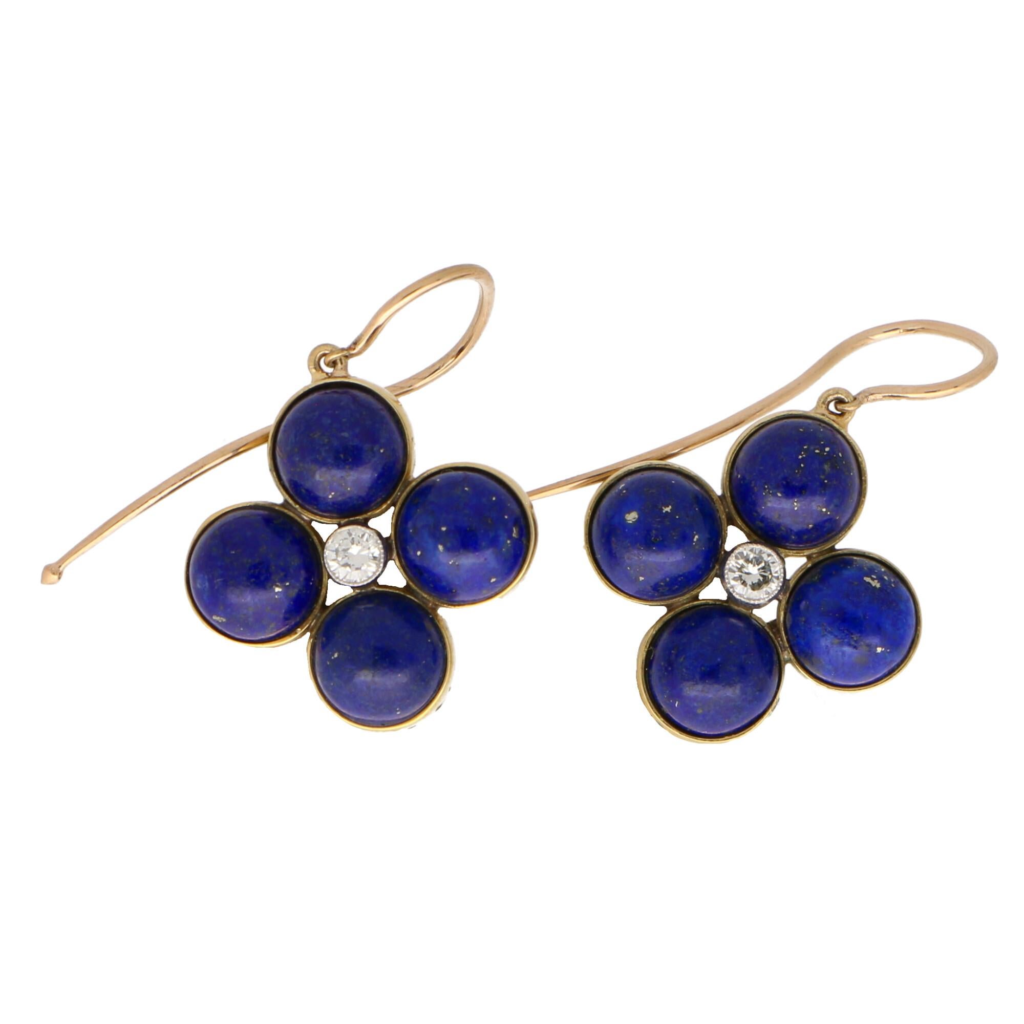 Women's or Men's Blue Lapis Lazuli and Diamond Clover Dangle Drop Earrings Set in 18k Yellow Gold