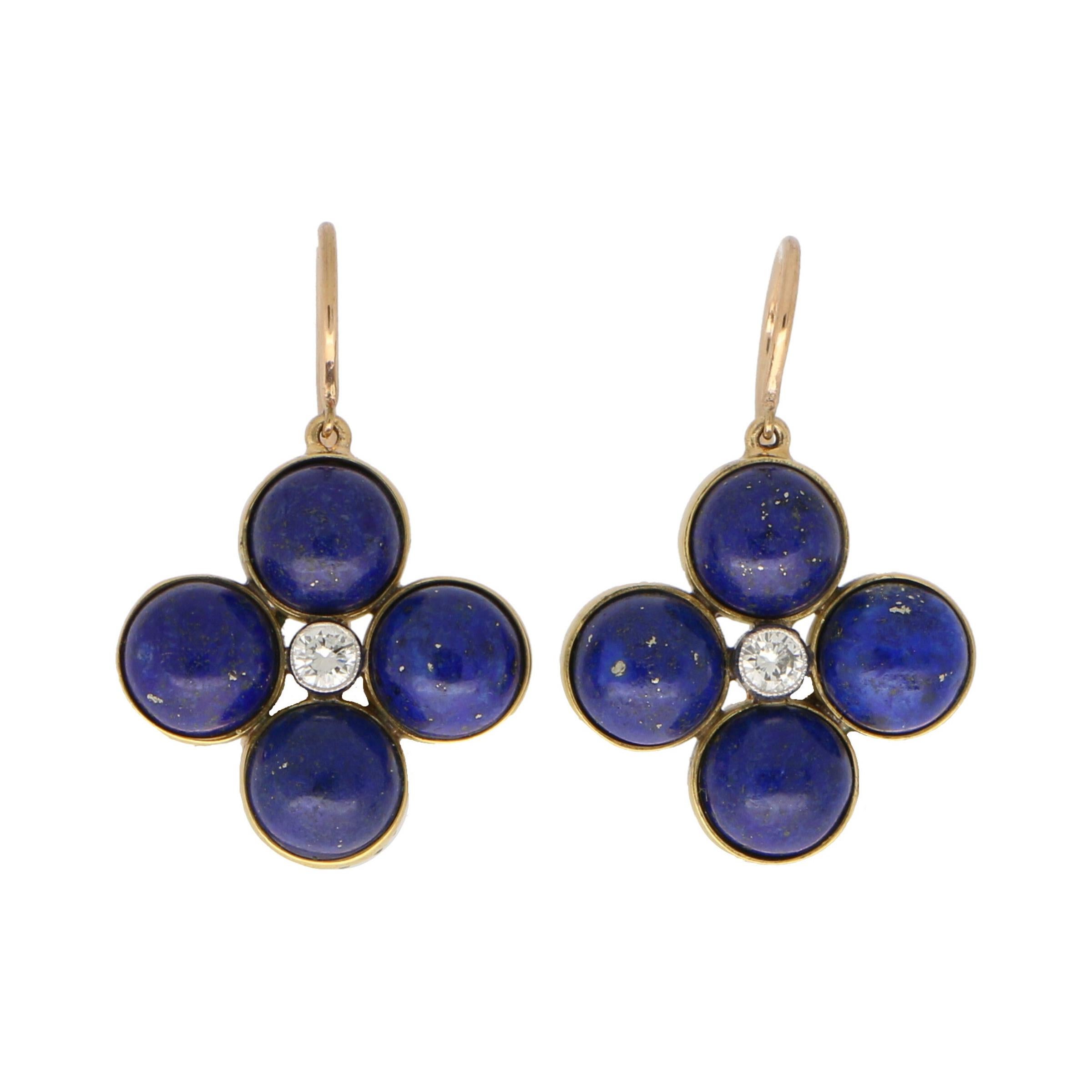 Blue Lapis Lazuli and Diamond Clover Dangle Drop Earrings Set in 18k Yellow Gold