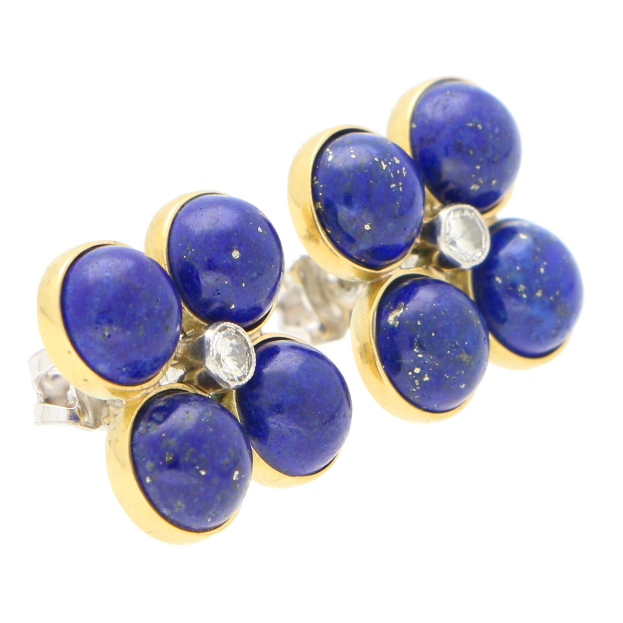 Retro Blue Lapis Lazuli and Diamond Clover Stud Earrings Set in 18k Yellow Gold