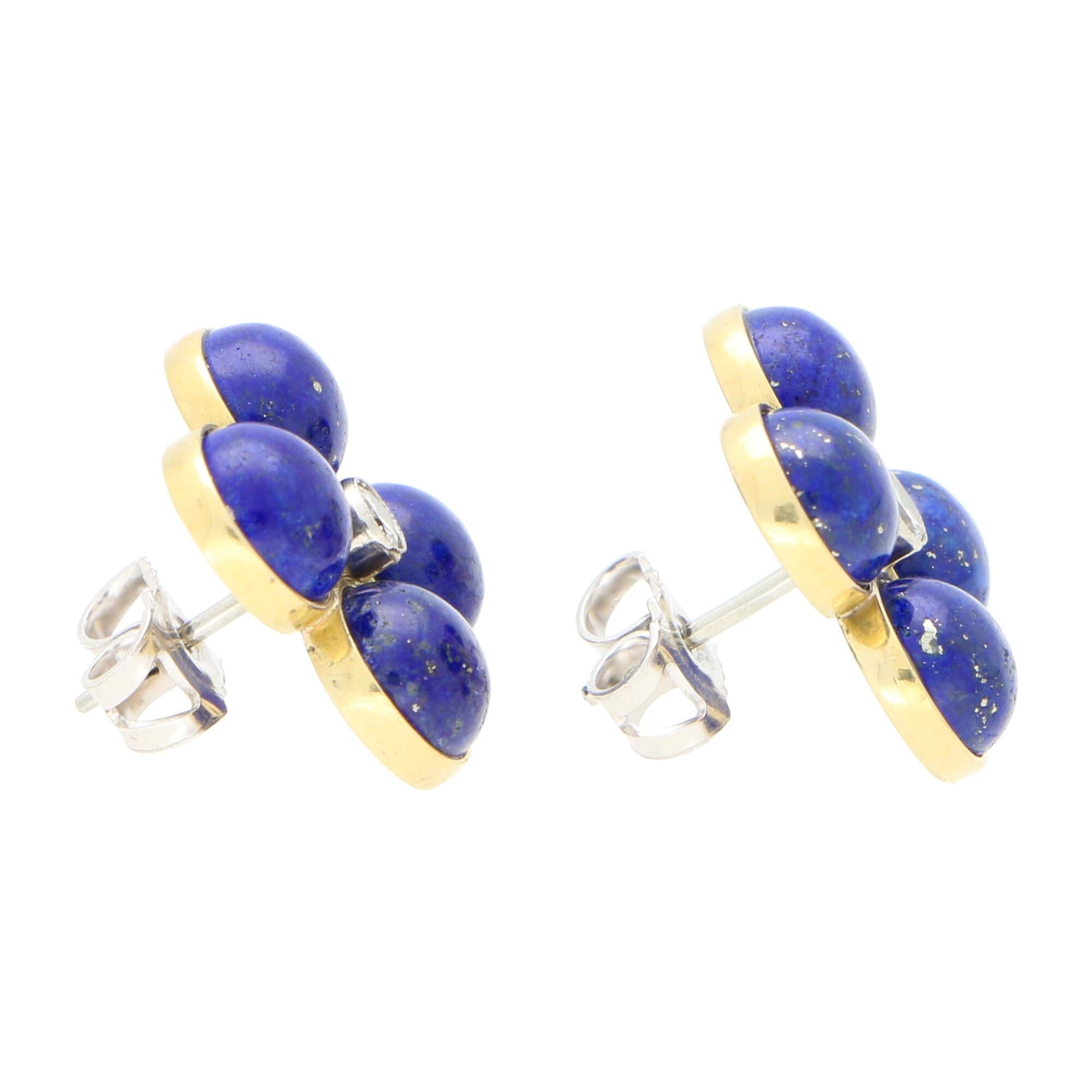 Cabochon Blue Lapis Lazuli and Diamond Clover Stud Earrings Set in 18k Yellow Gold