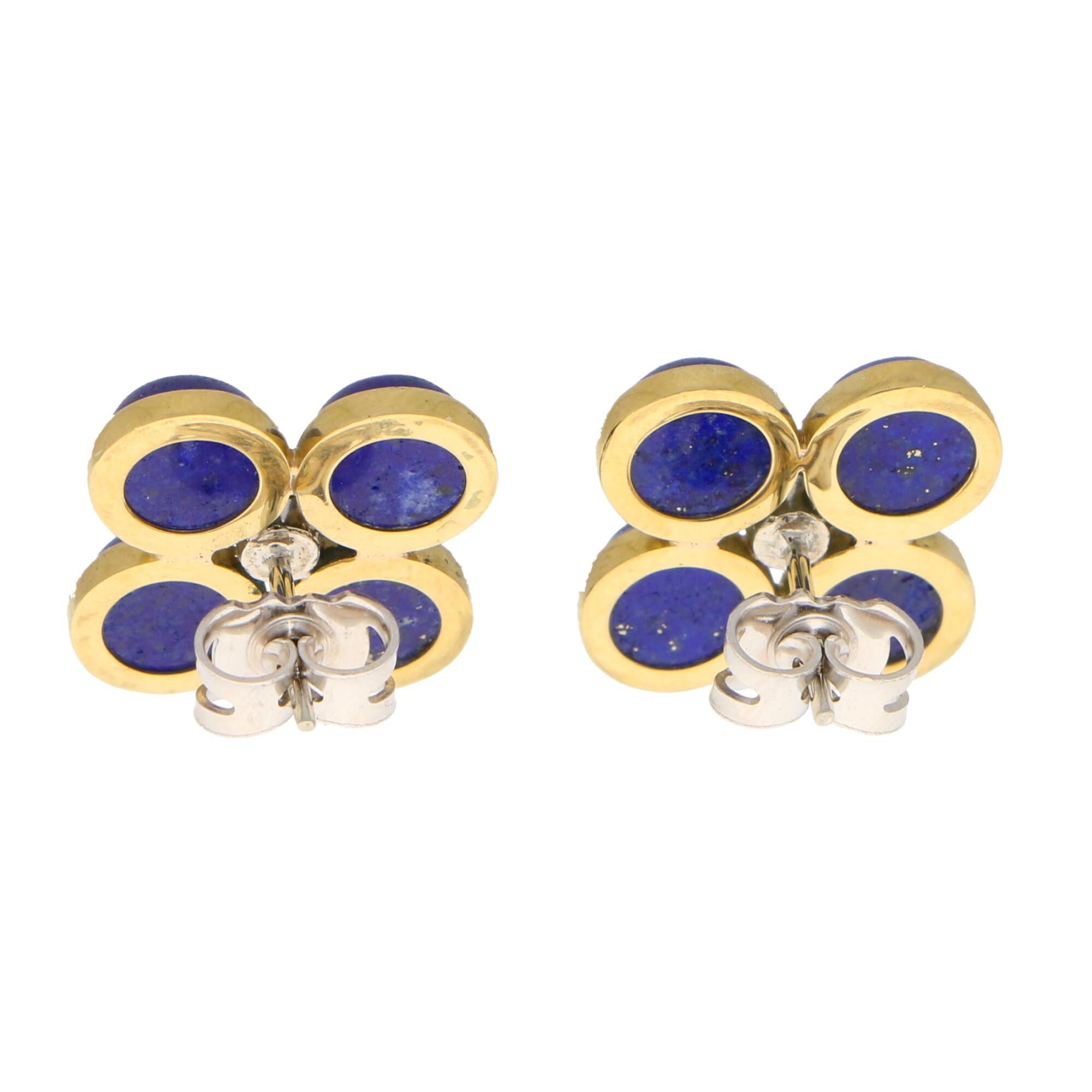 Blue Lapis Lazuli and Diamond Clover Stud Earrings Set in 18k Yellow Gold In Good Condition In London, GB
