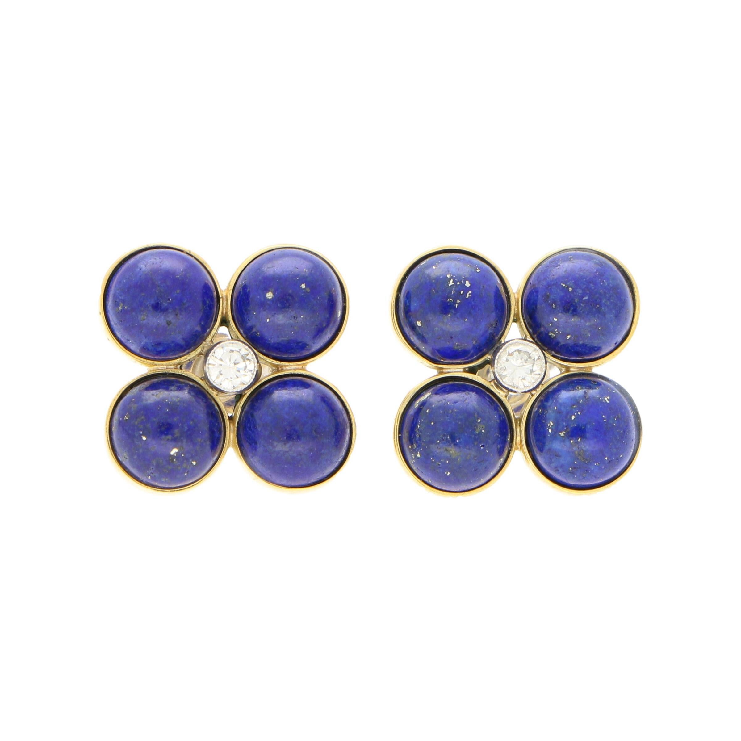 Blue Lapis Lazuli and Diamond Clover Stud Earrings Set in 18k Yellow Gold