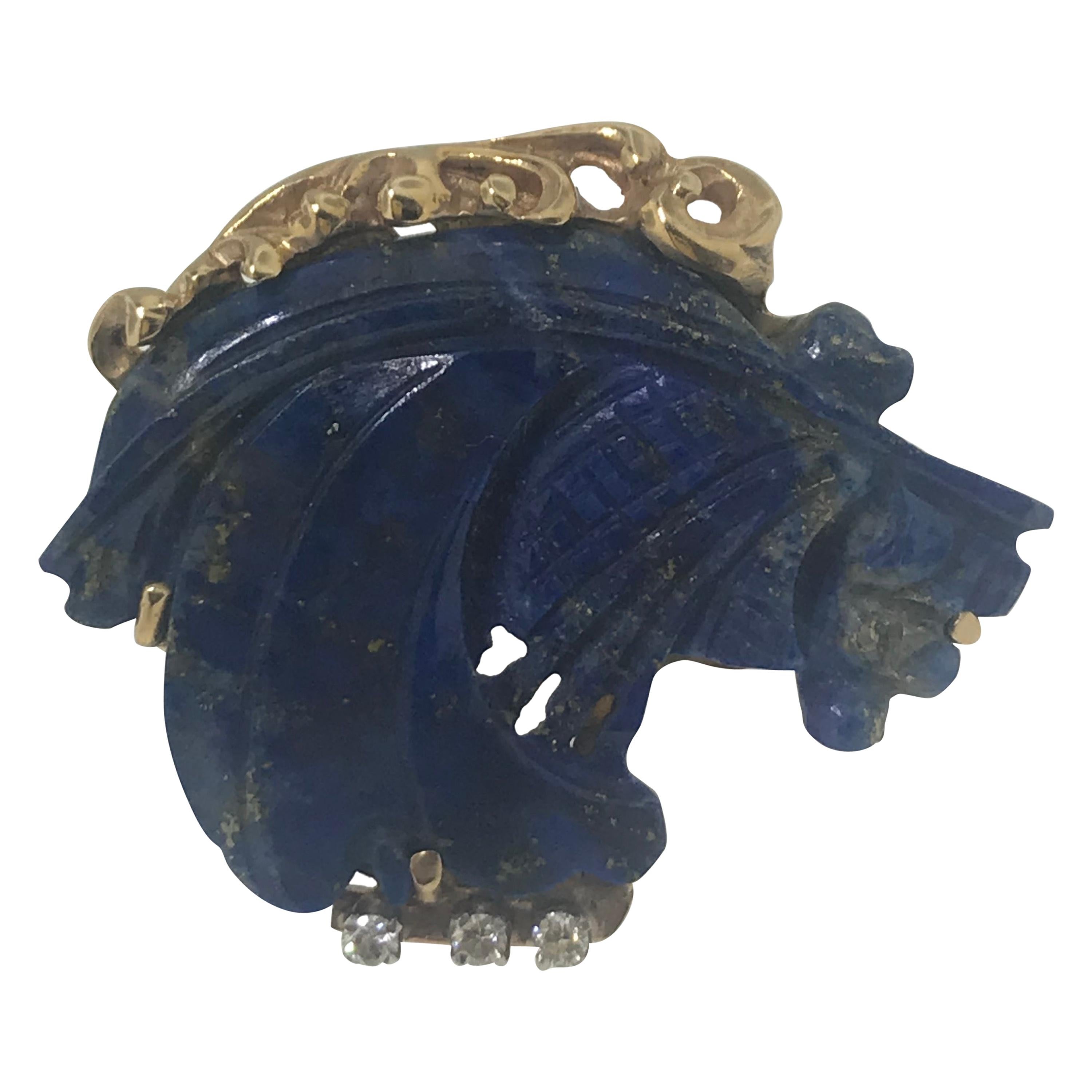 Original Lapis Lazuli and Diamond Estate Horse Pin, Custom Made Blue Lapis Horse