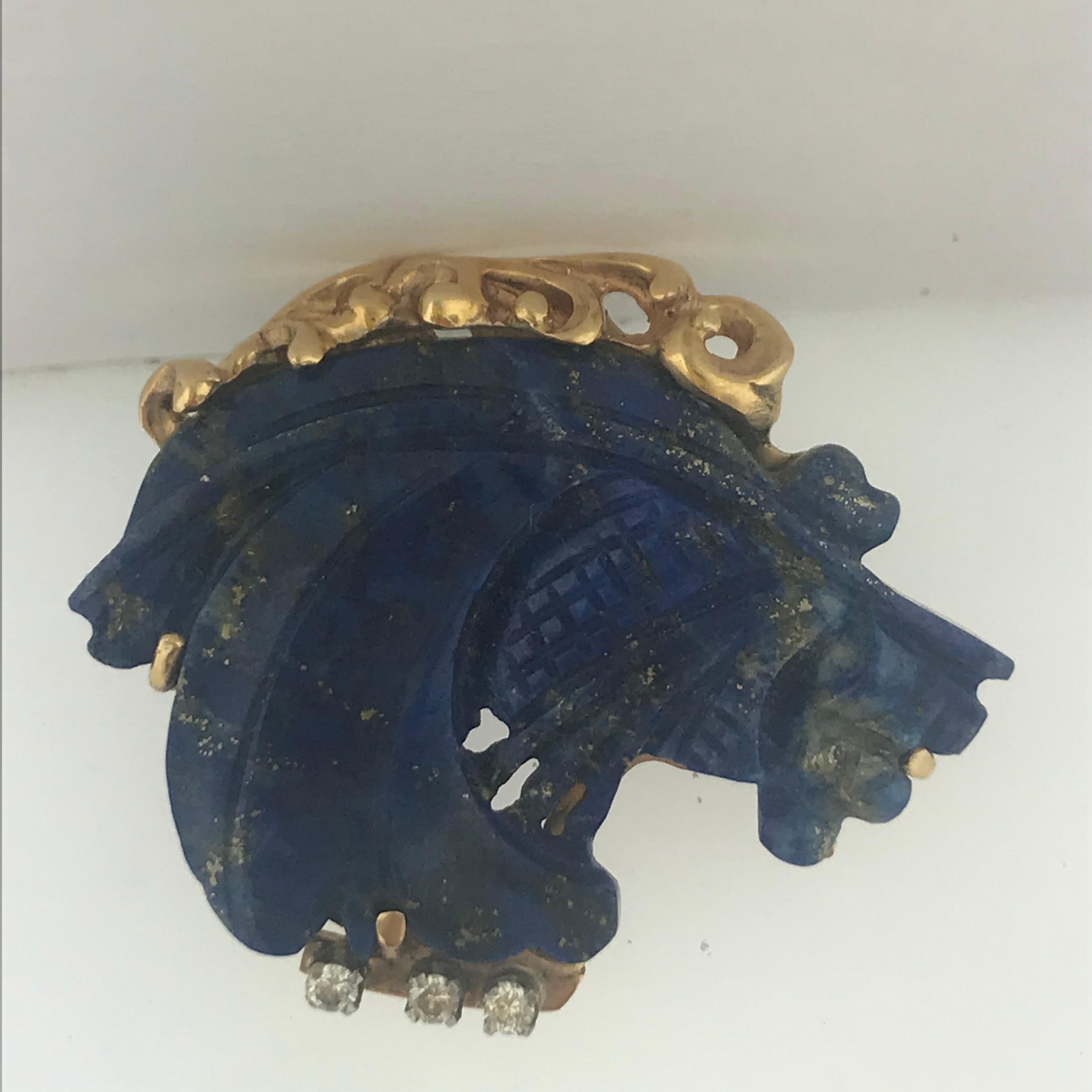 Aesthetic Movement Original Lapis Lazuli and Diamond Estate Horse Pin, Custom Made Blue Lapis Horse