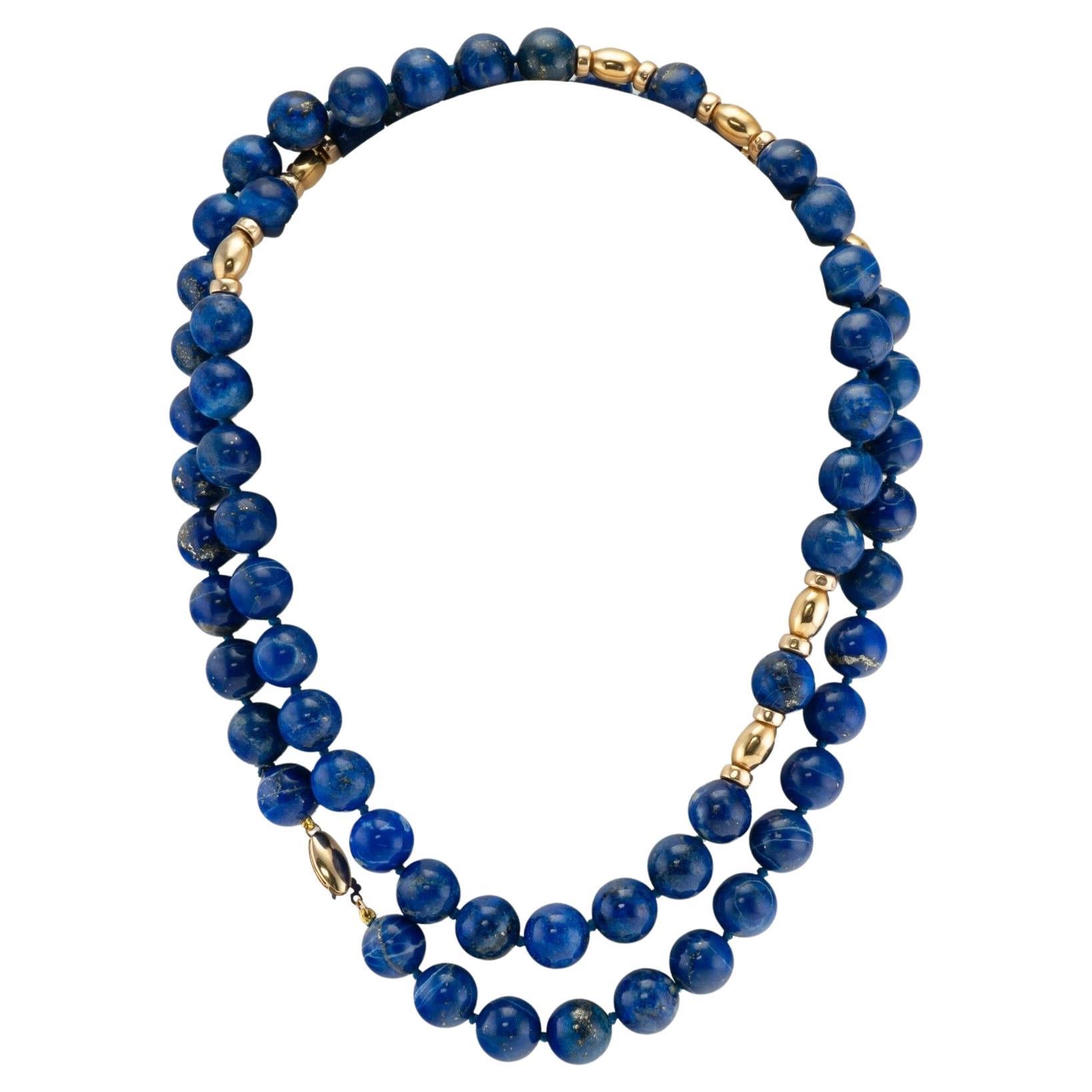 Blue Lapis Lazuli Beaded Necklace 14K Gold Vintage