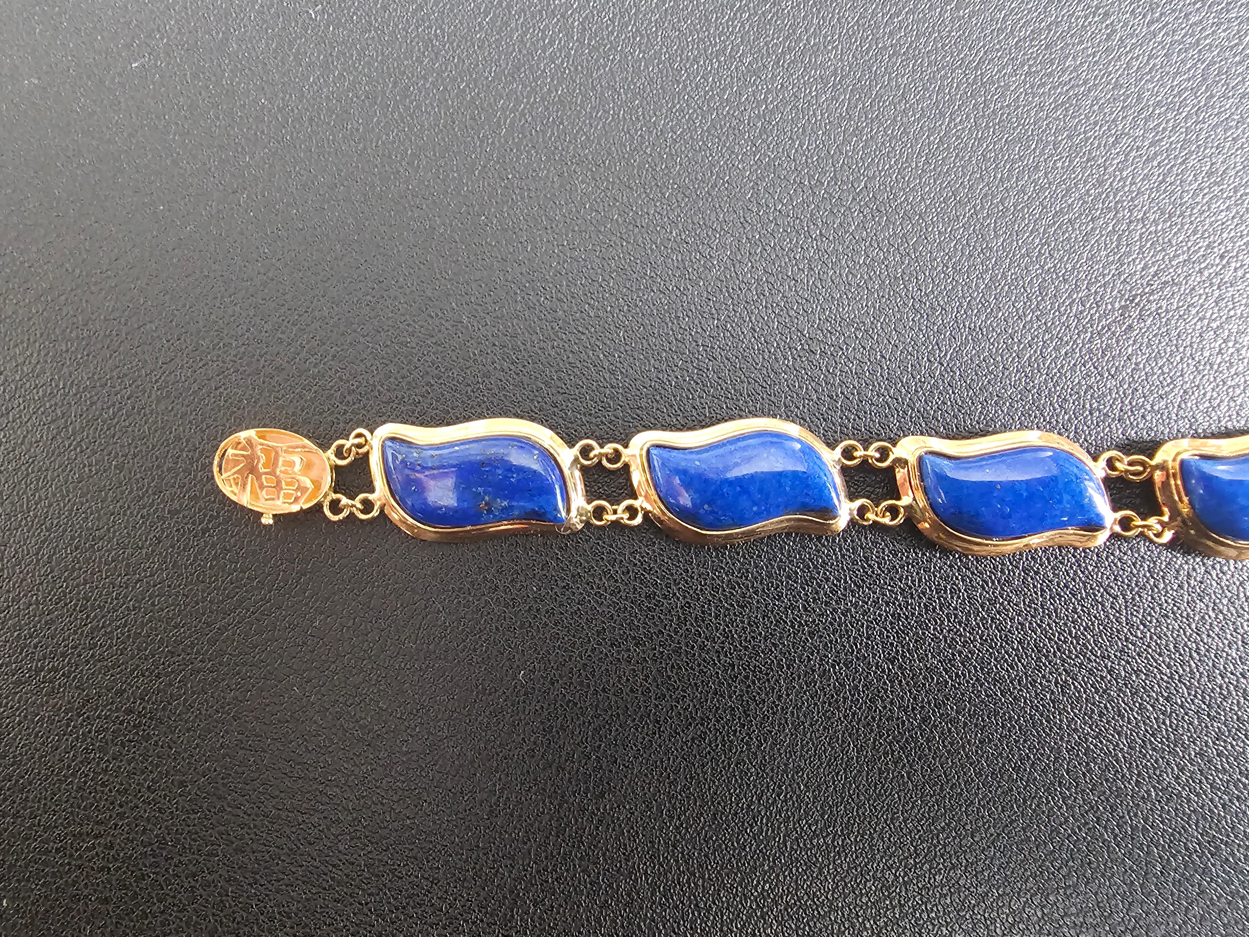 Blue Lapis Lazuli Bracelet Aurora Double Chained with 14K Solid Yellow Gold For Sale 5