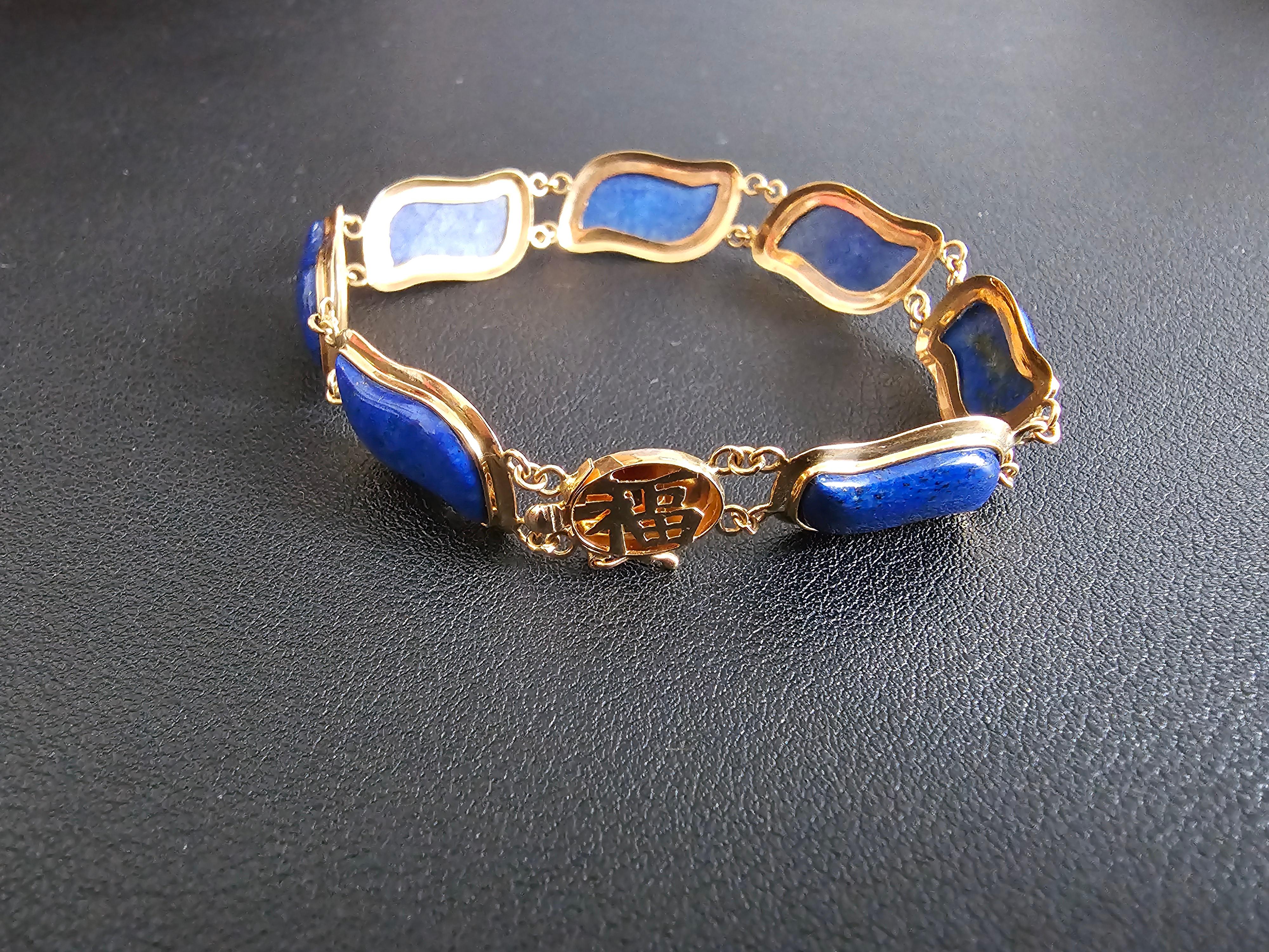 Blue Lapis Lazuli Bracelet Aurora Double Chained with 14K Solid Yellow Gold In New Condition For Sale In Kowloon, HK