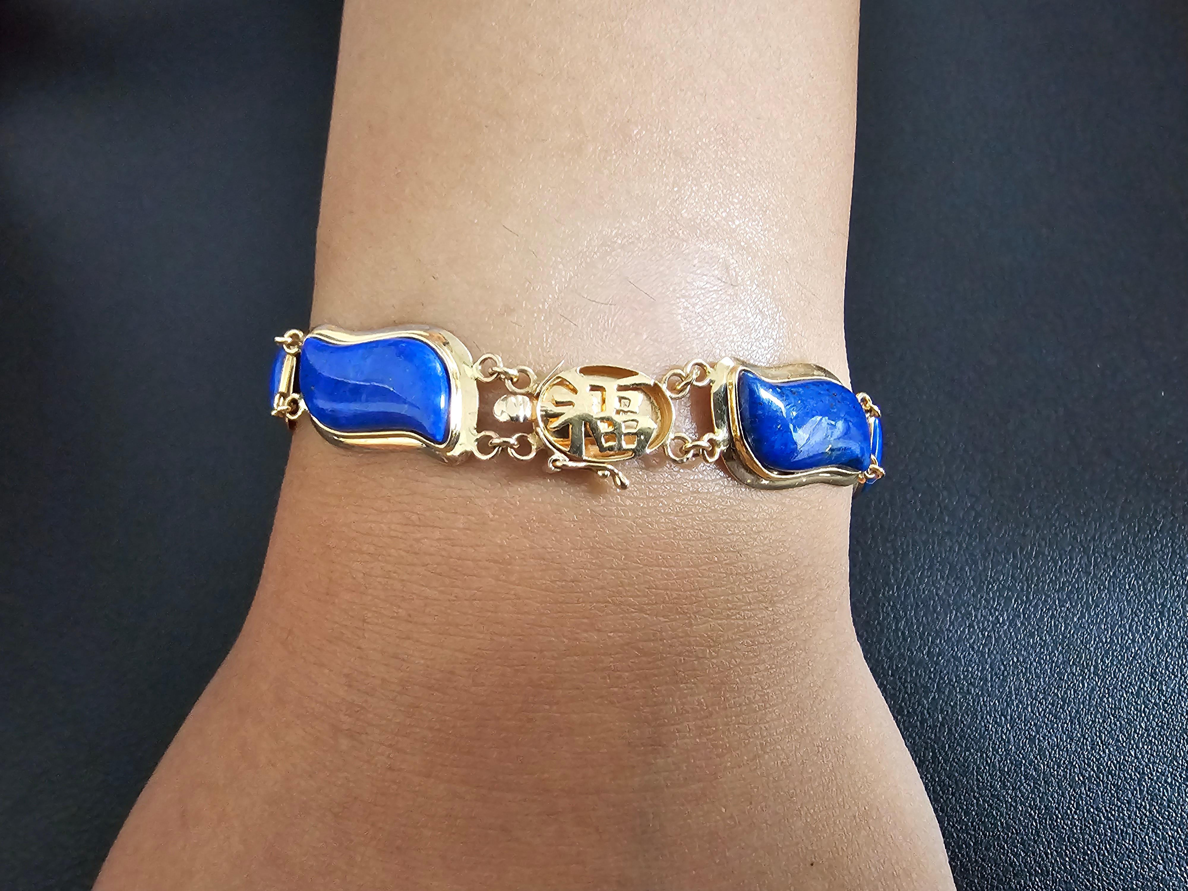 Women's or Men's Blue Lapis Lazuli Bracelet Aurora Double Chained with 14K Solid Yellow Gold For Sale