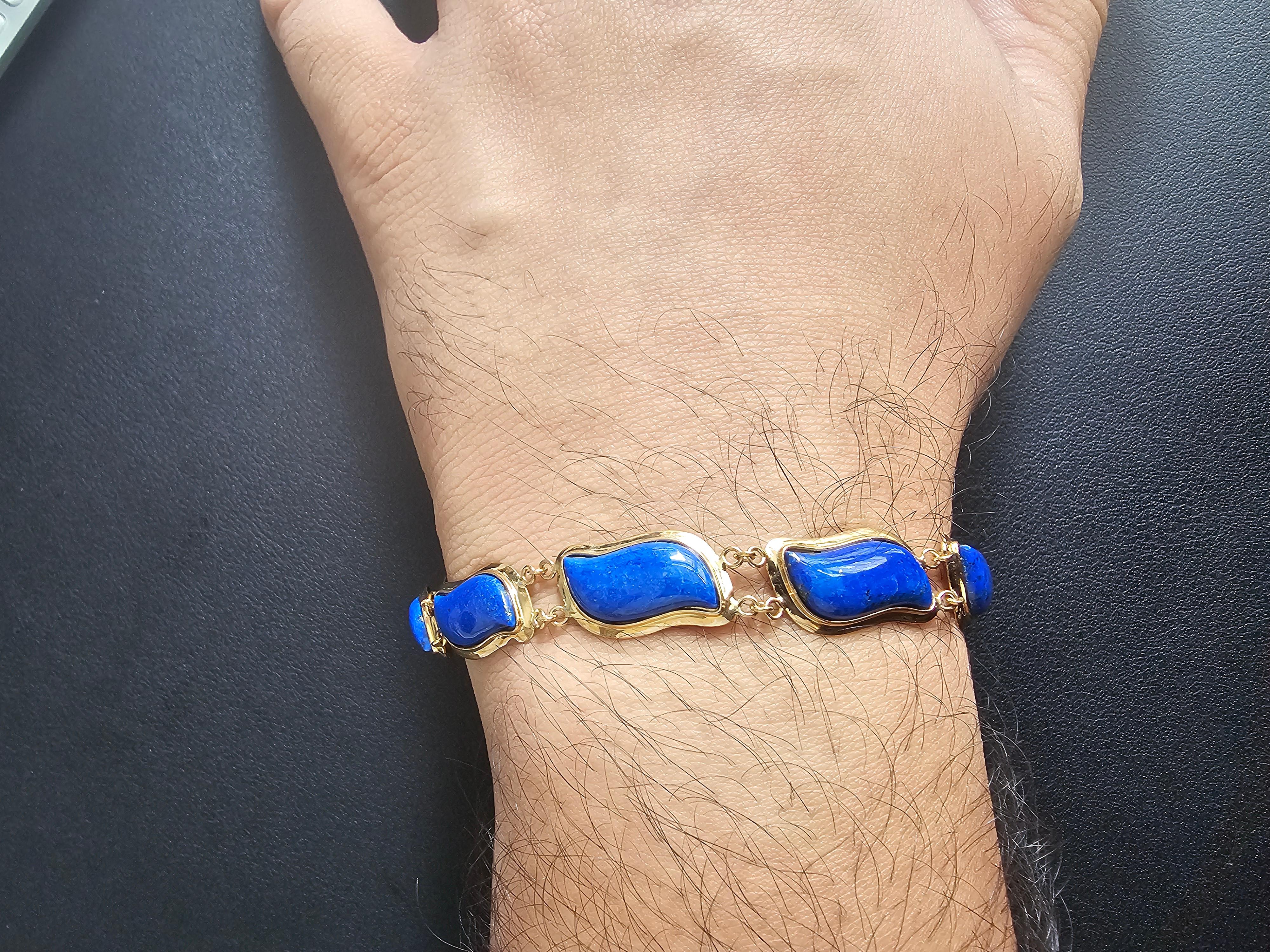 Blue Lapis Lazuli Bracelet Aurora Double Chained with 14K Solid Yellow Gold For Sale 4