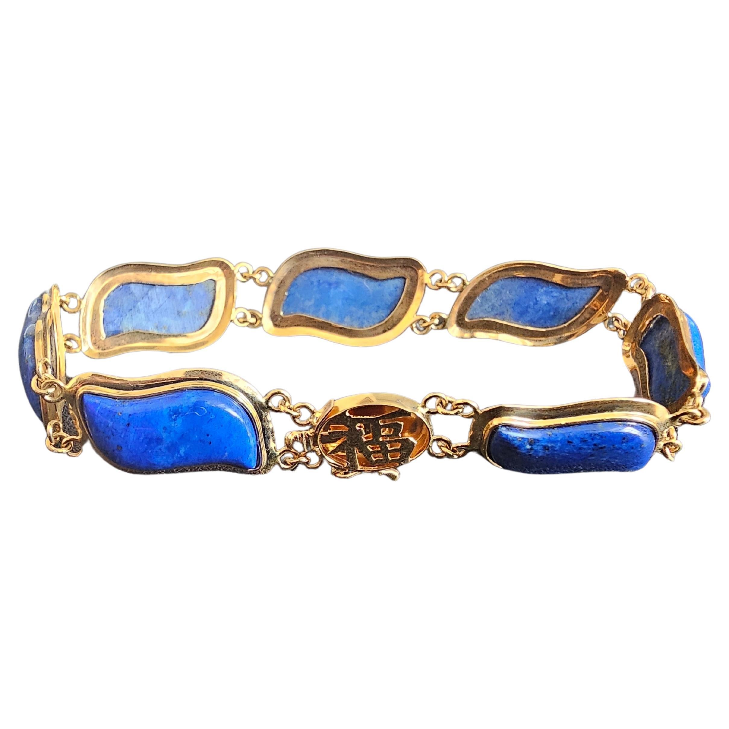 Blue Lapis Lazuli Bracelet Aurora Double Chained with 14K Solid Yellow Gold For Sale