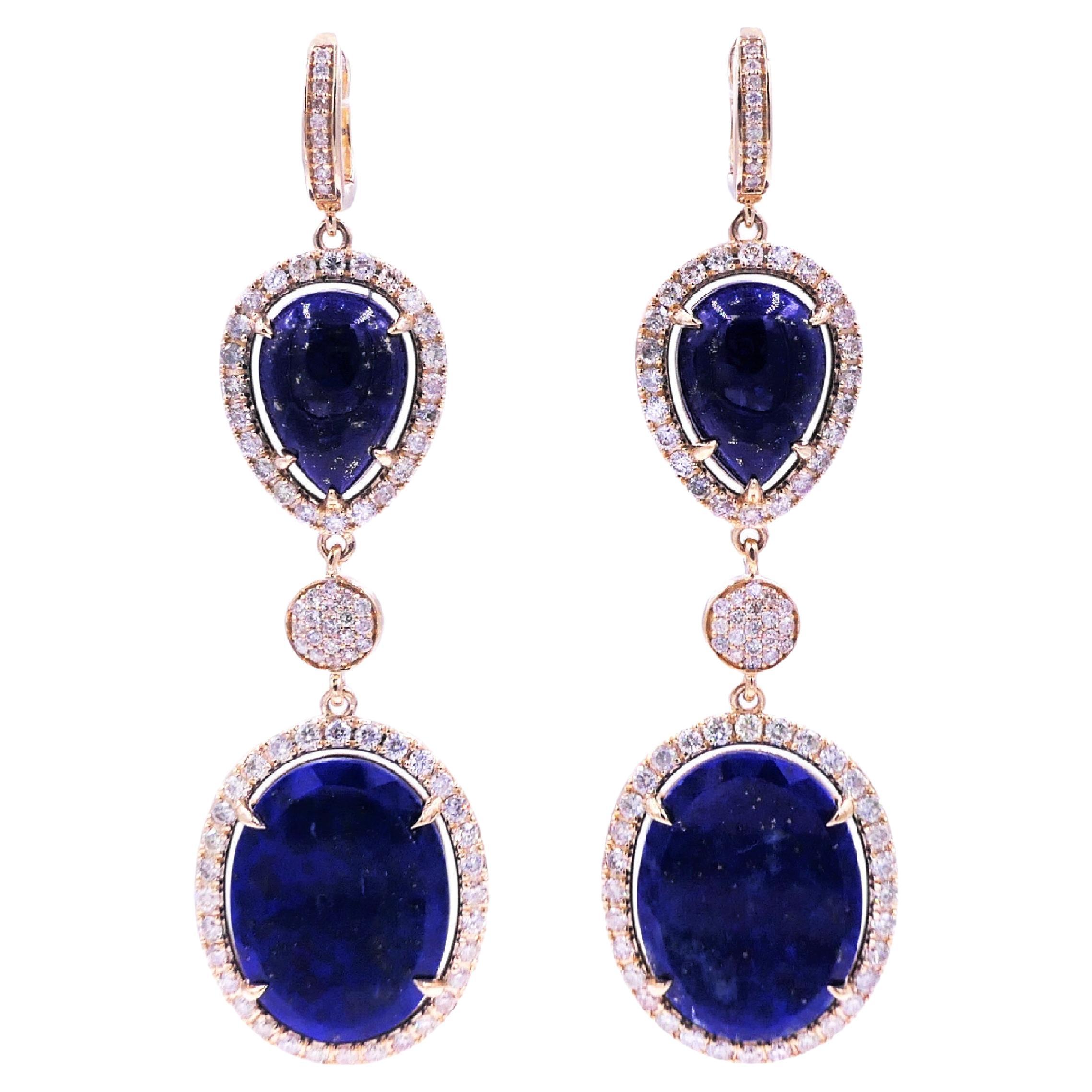 Blue Lapis Lazuli Cabochon Diamond Pave Halo Drop Dangle Yellow Gold Earrings
14 Karat Yellow Gold
2.00 CT Diamonds
Genuine Blue Lapis Lazuli Cabochon Slices

Important Information:
Please note that this item will take 2-4 weeks to deliver - it is