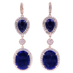 Blue Lapis Lazuli Cabochon Diamond Pave Halo Drop Dangle Yellow Gold Earrings