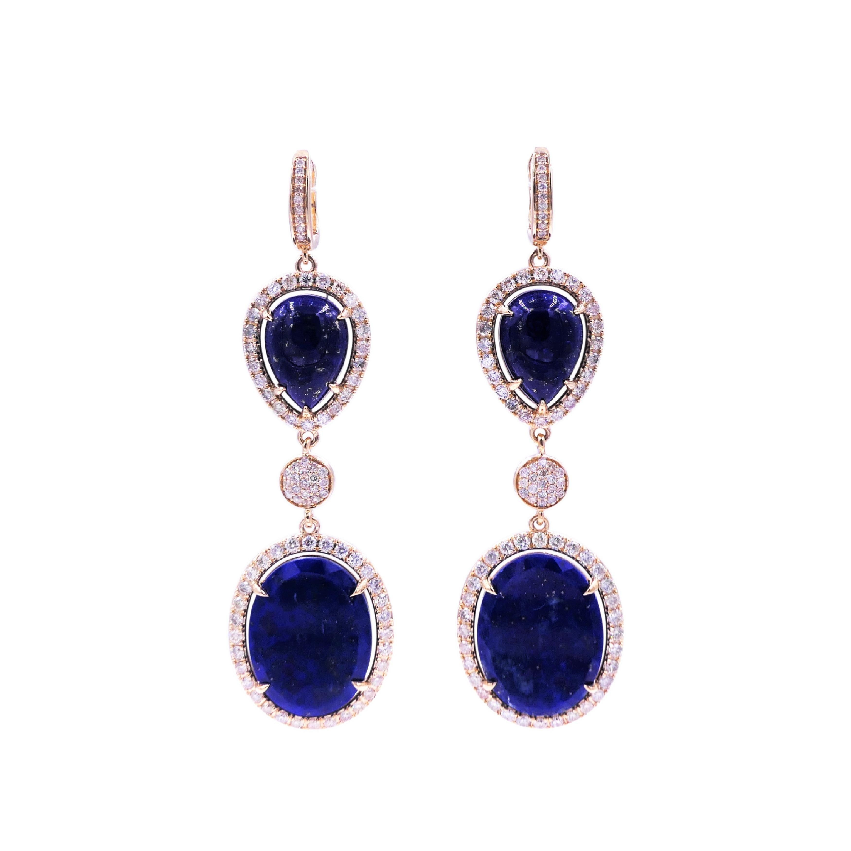 Art Deco Blue Lapis Lazuli Cabochon Diamond Pave Halo Drop Dangle Yellow Gold Earrings For Sale