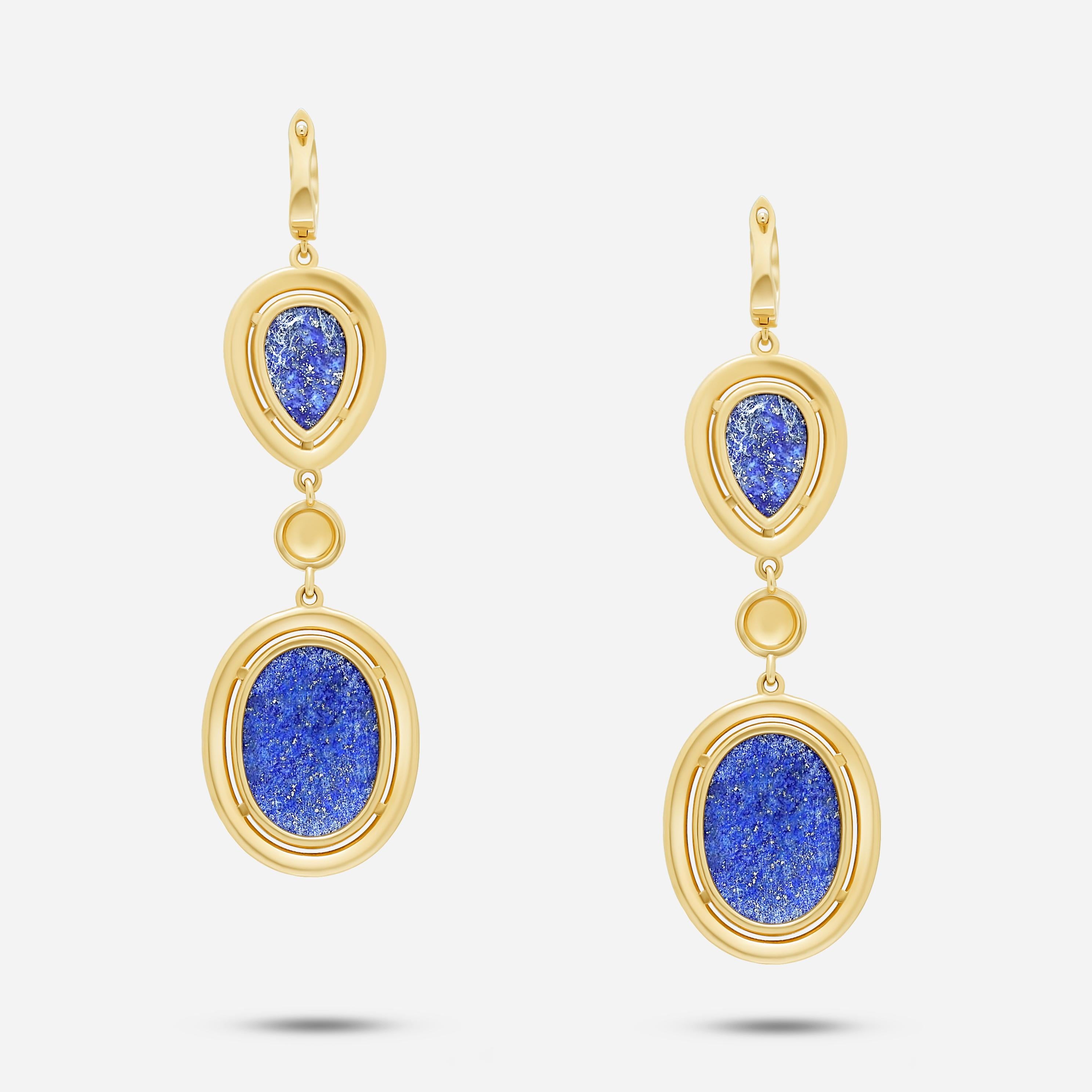 Blue Lapis Lazuli Cabochon Diamond Pave Halo Drop Dangle Yellow Gold Earrings In New Condition For Sale In Oakton, VA
