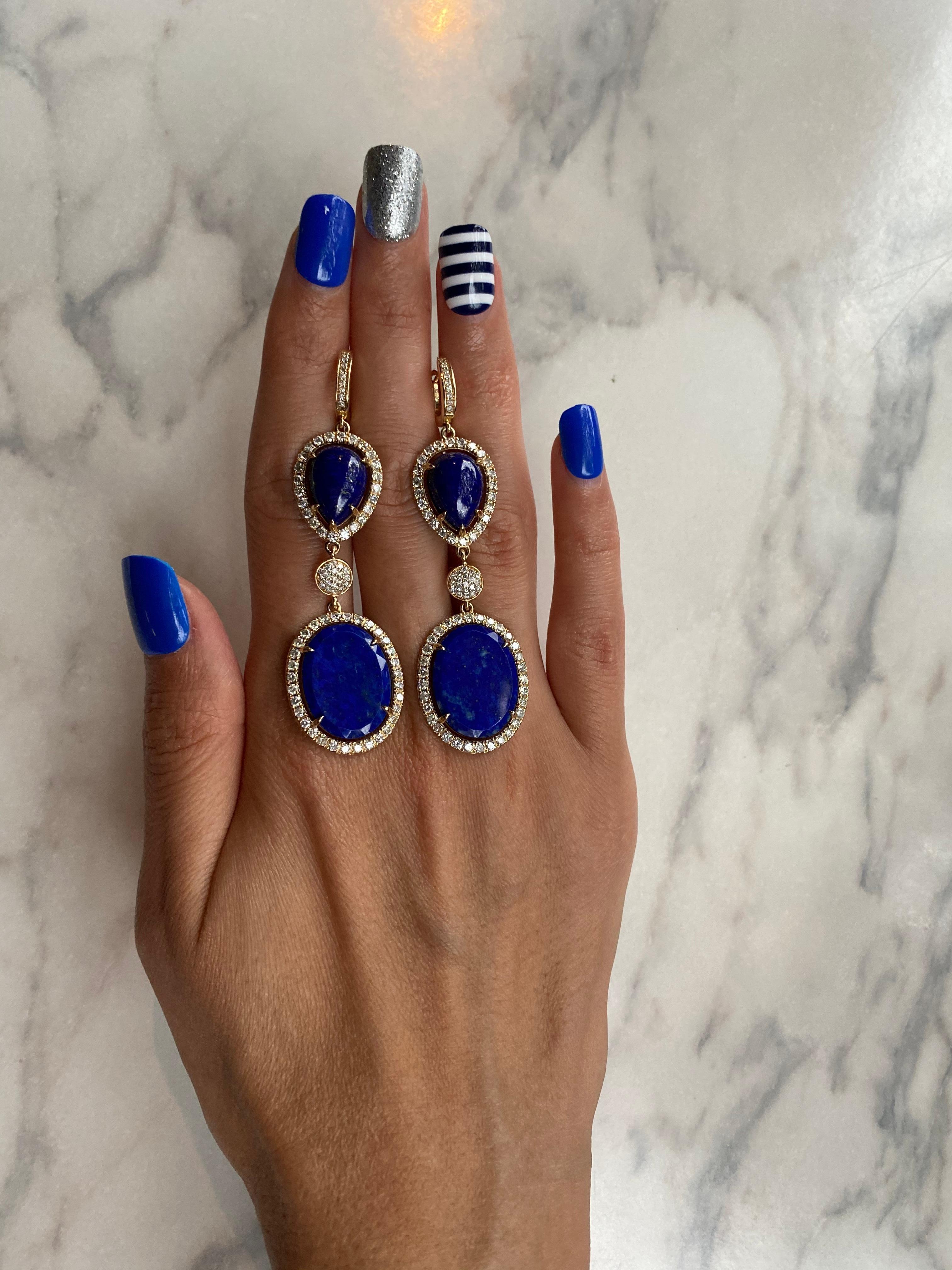 Women's Blue Lapis Lazuli Cabochon Diamond Pave Halo Drop Dangle Yellow Gold Earrings For Sale