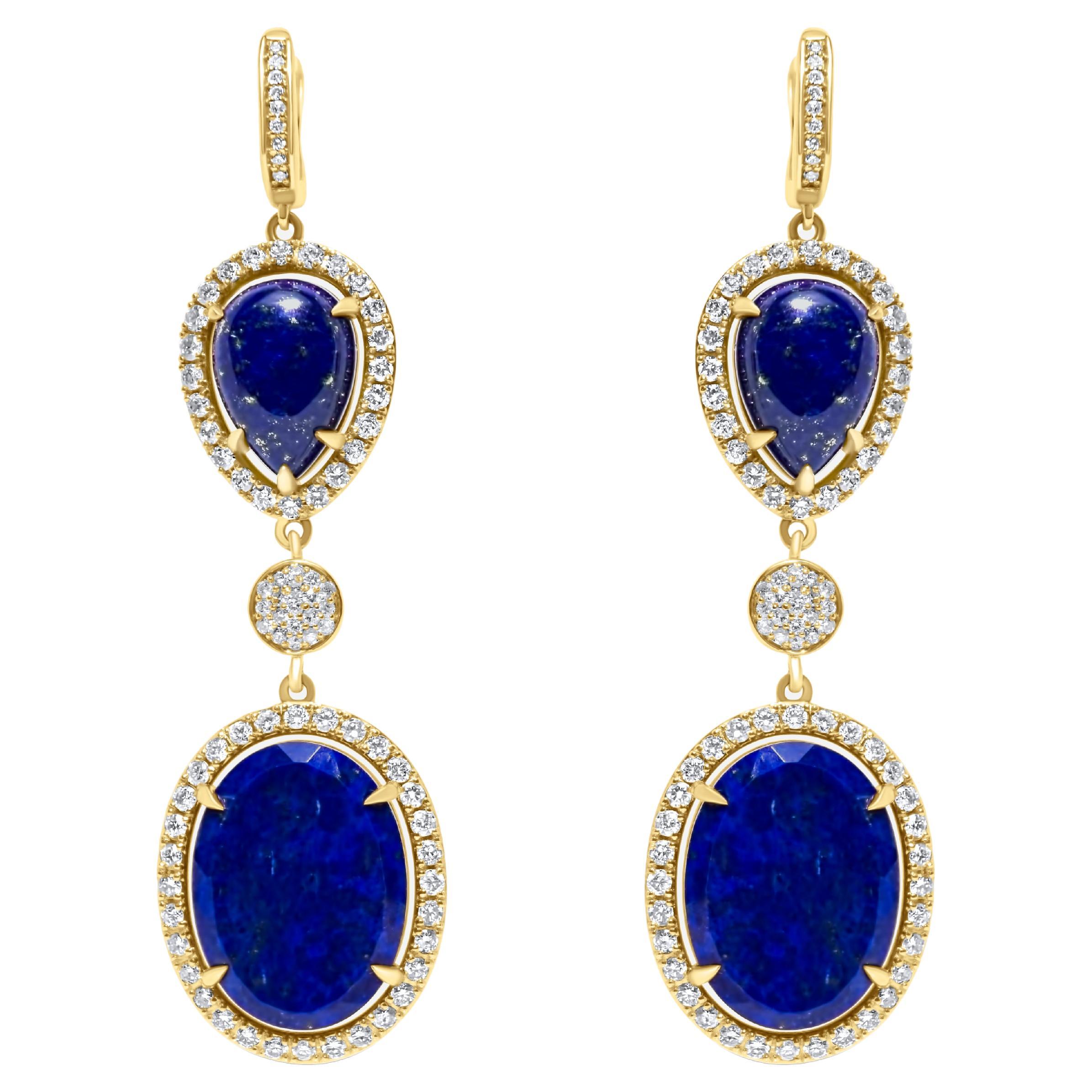 Blue Lapis Lazuli Cabochon Diamond Pave Halo Drop Dangle Yellow Gold Earrings