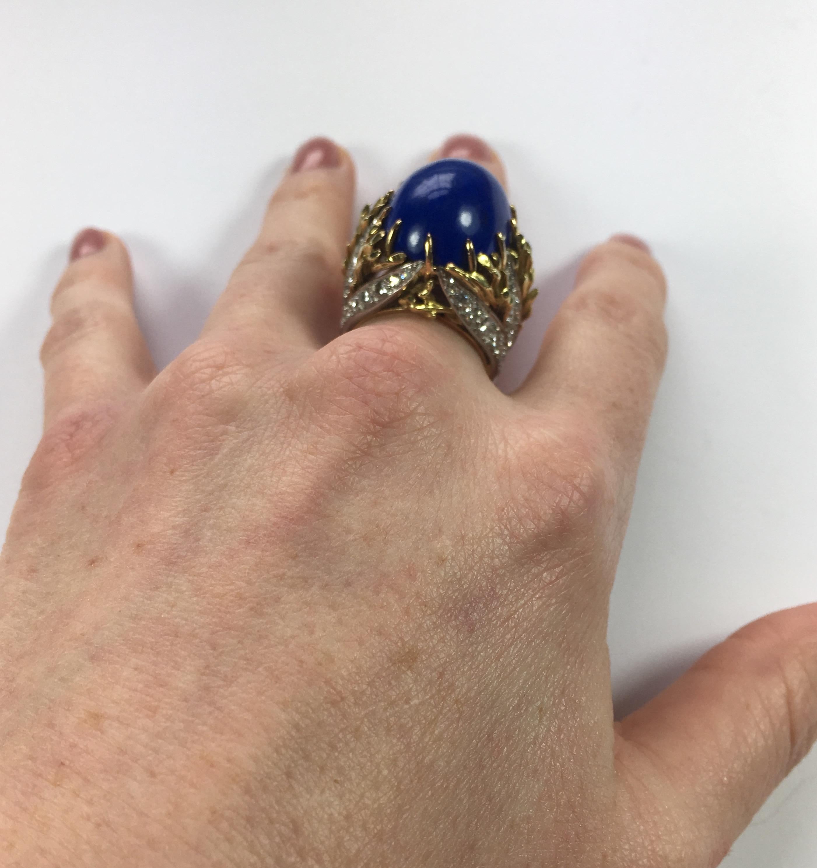 Blue Lapis Lazuli Diamond Platinum Gold Cabochon Cocktail Ring 8