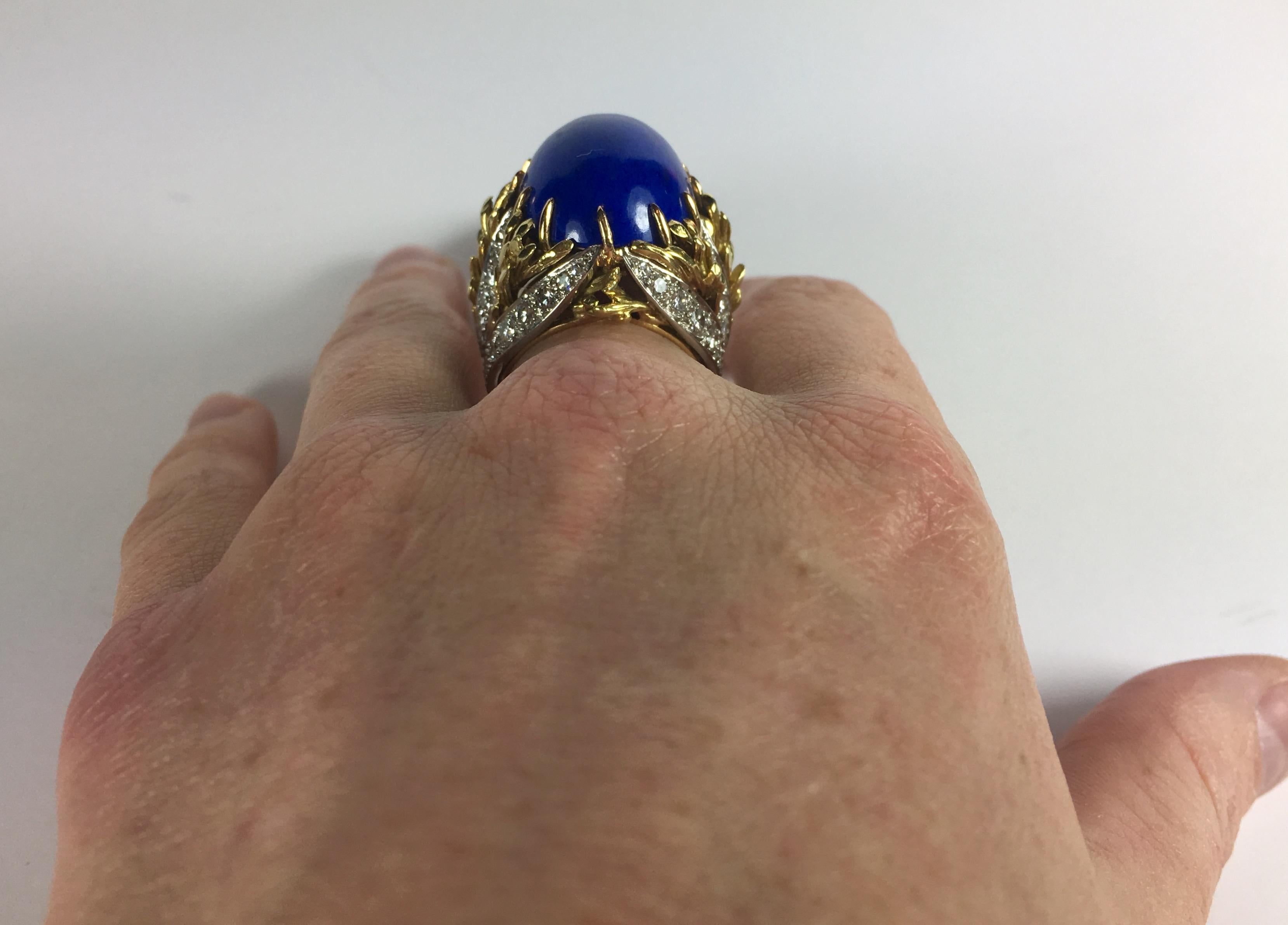 Blue Lapis Lazuli Diamond Platinum Gold Cabochon Cocktail Ring 12