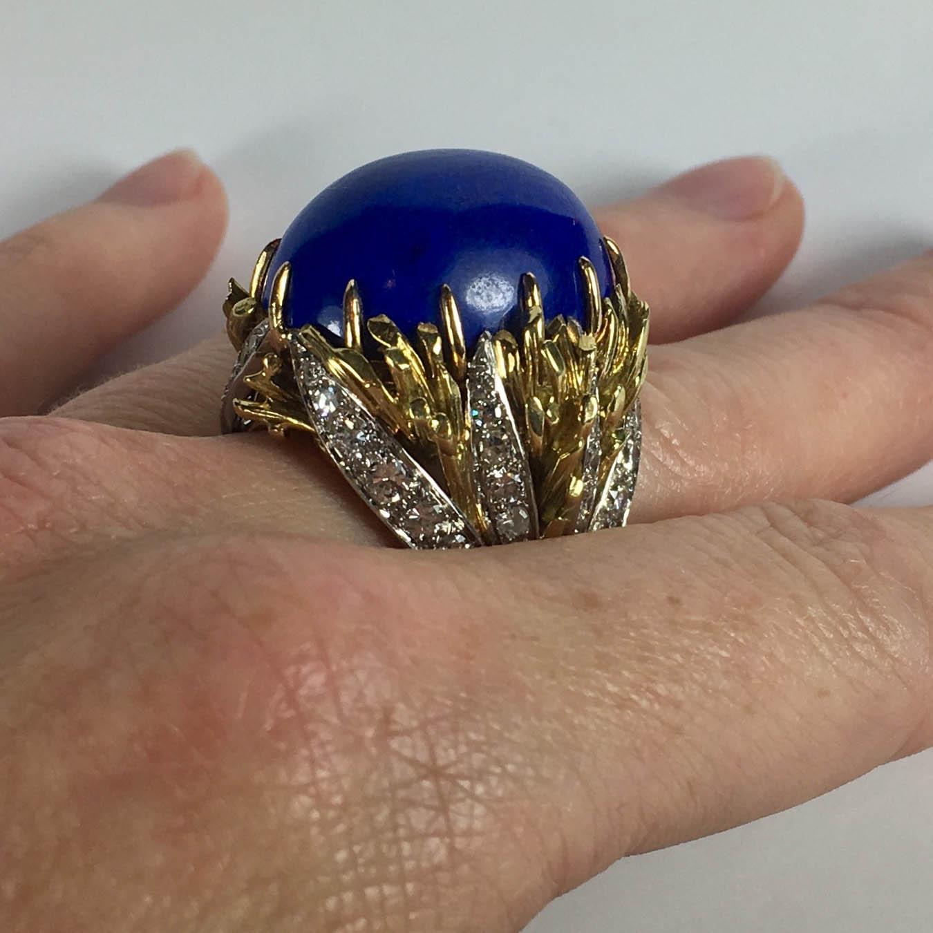 Blue Lapis Lazuli Diamond Platinum Gold Cabochon Cocktail Ring 13