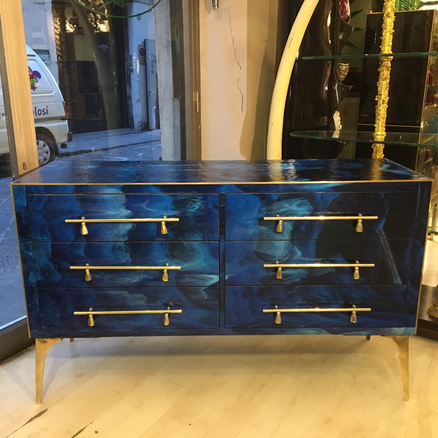 Late 20th Century Blue Lapis Lazuli Effect Opaline Glass Chest of Drawers Brass Details, 1980s